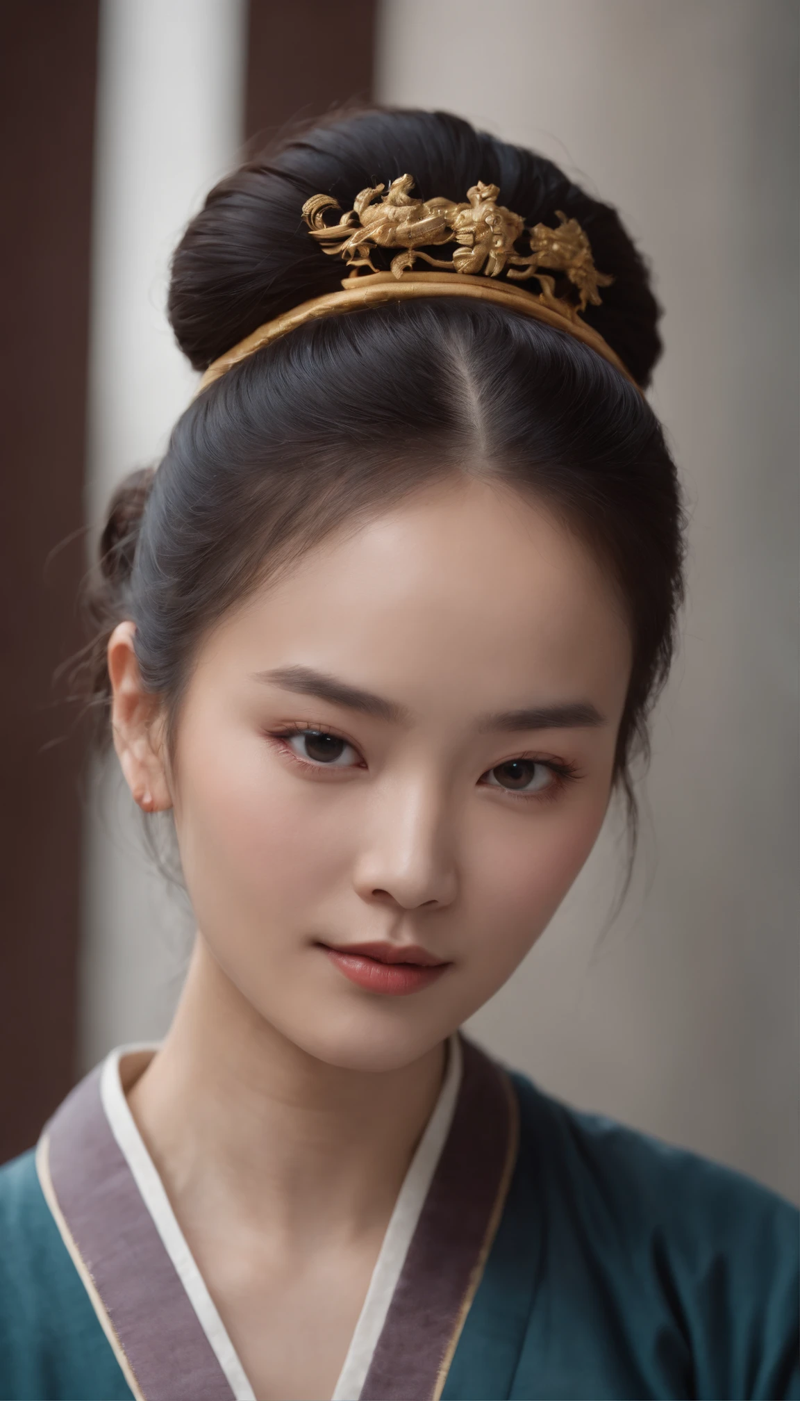 A close-up of a woman,Taoist,There is a bun on the top of the head，a gold hairstick on her hairbun,Use mahogany hairpins，Monk customs，inspired by Wu Daozi, monk portrait, Taoist master, Inspired by Hu Zaobin, inspired by Hu Zao,inspired by Li Cheng,high-definition picture quality