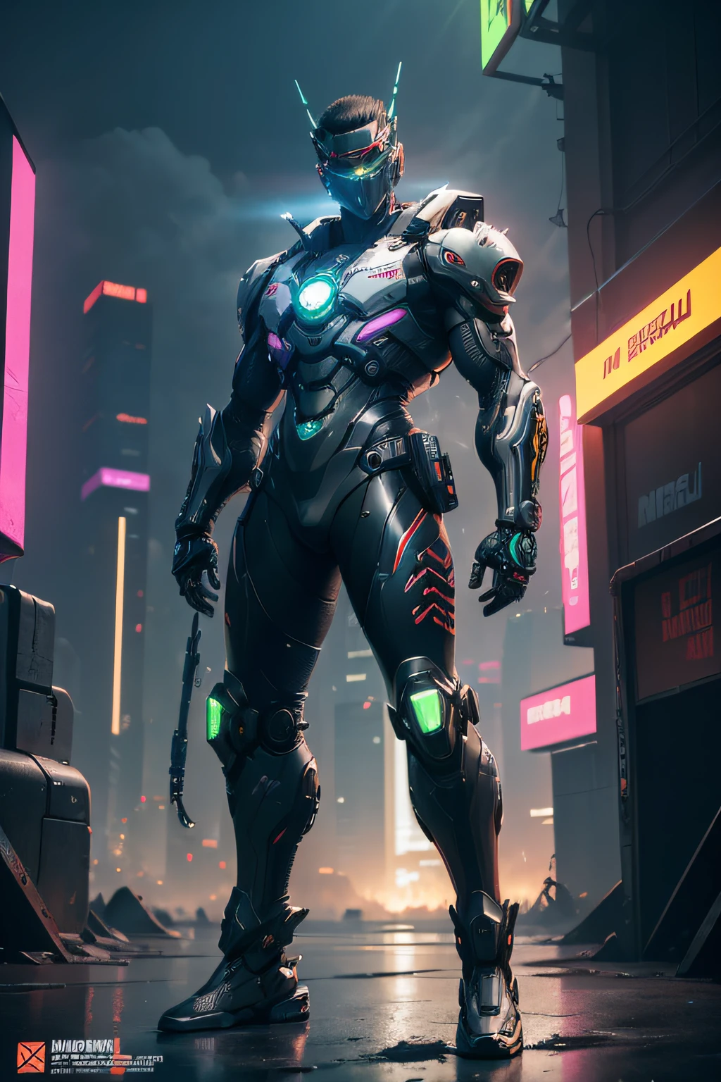 (highly detailed:1.5), (8k), futuristic mecha guy on the cover of a neon-lit science fiction magazine, style (cyberpunk:1.3), wearing a battle suit with bright details, posing majestic, (bold typography:1.2), dynamic composition, vibrant colors, (inspired by Lou Feng:1.2), full body, details in red, yellow, blue, white, combat position, detailed battle suit, futuristic detailed ninja Kawasaki a bike,