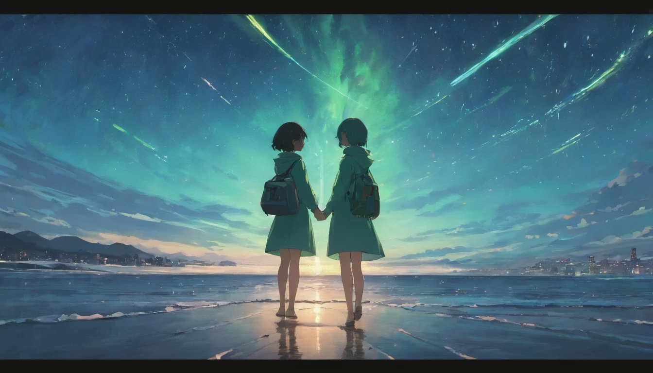 comic strip,Cartoon Split,Exceptional,Storyboard,Masterpiece, Anime college student standing by the sea, Bright starry sky. romantic couple, Makoto Shinkai's picture, Pisif, concept-art, Lofi art style, Reflection. By Makoto Shinkai, Lofi art, beautiful anime scenes, Anime landscape, Detailed scenery —width 672, in the style of makoto shinkai, Makoto Shinkai's style, Enhanced detail.