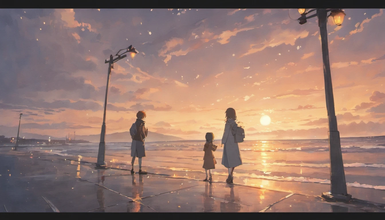 comic strip,Cartoon Split,Exceptional,Storyboard,Masterpiece, Anime college student standing by the sea, Bright starry sky. romantic couple, Makoto Shinkai's picture, Pisif, concept-art, Lofi art style, Reflection. By Makoto Shinkai, Lofi art, beautiful anime scenes, Anime landscape, Detailed scenery —width 672, in the style of makoto shinkai, Makoto Shinkai's style, Enhanced detail.