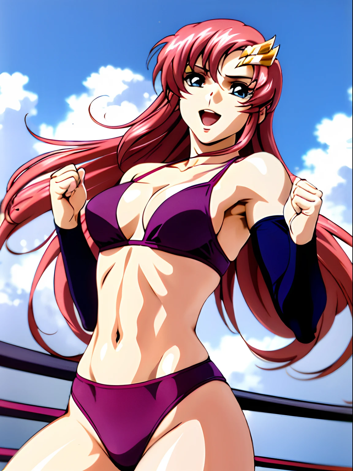 (masterpiece, upper body view, 4K, Best Quality, Anime style: 1.9,, Adult Woman, ultra detailed face, (cloud background, wrestling), Drawing lines, high resolution, Anime, lacus4), 1girl, Solo, curvy figure, Long hair, 鎖骨, scapular, (Detailed wide hair bangs, Hair Ornament, Detailed reddish-pink hair, golden crest), cleavage, large hands, (female pro wrestler). (Big blue eyes, shiny eyes), ((female pro wrestler, little biceps, slender body, off-shoulders, closed fists)), ((perfect proportions, medium breasts, long belly, flexing)), (((bikini, pink wrestling gear, champion))), happy, smile, open mouth, (standing, looking at the viewer), showing off underarm,