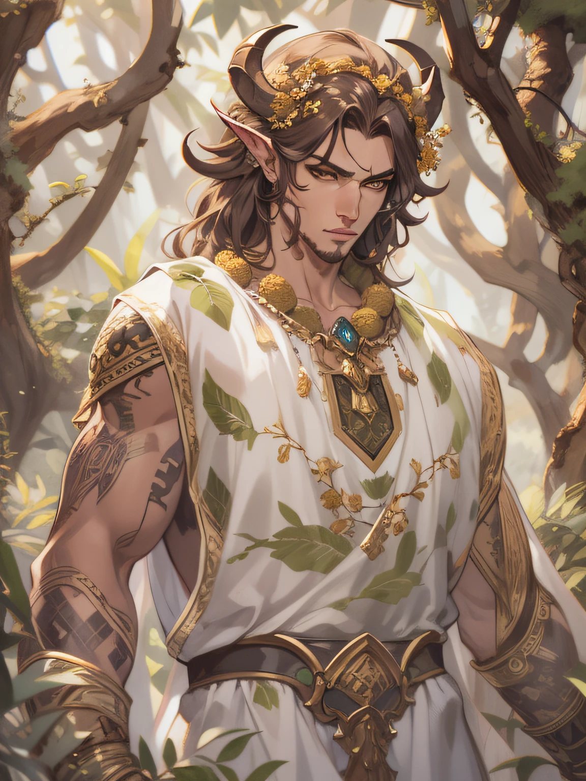 D&D drawing, a very handsome satyr with white eyes and a tunic with an acacia tree pattern, expression loyal, close-up intensity, masterpiece, best quality, ultra-detailed, cinematic beautiful lighting, intricate details, looking at viewer, depth of field-ar 2:3-s 200,