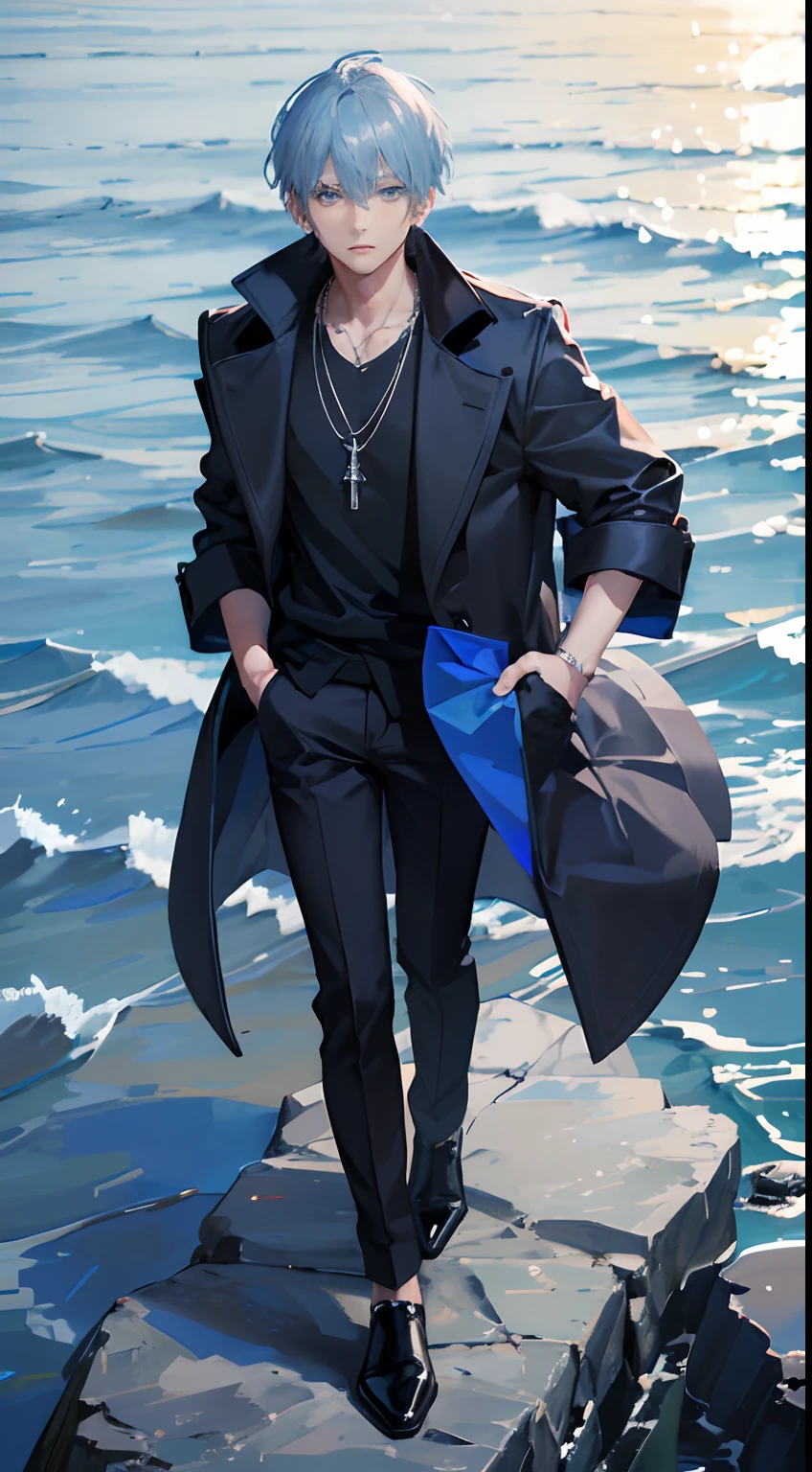 hightquality、Transcendent Beauty Young Man、Cool handsome man、(shiny blue hair)、、(Straight short hair)、Light blue eyes、Kuroko under the right eye、((Black coat and silver necklace))、Zito-order、Straight face、glamor、sea side