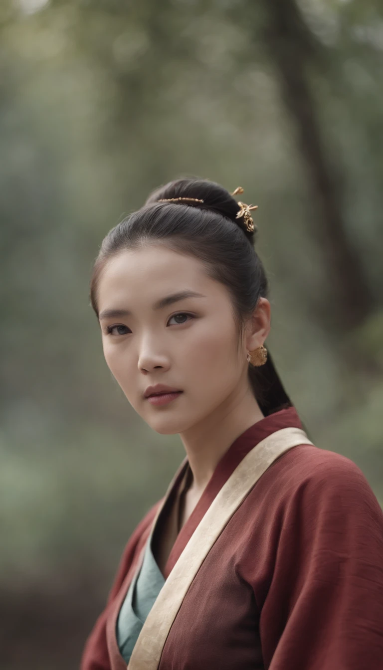 A close-up of a woman,Taoist,There is a bun on the top of the head,a gold hairstick on her hairbun,bare legs,navel,Use mahogany hairpins,Monk customs,inspired by Wu Daozi, monk portrait, Taoist master, Inspired by Hu Zaobin, inspired by Hu Zao,inspired by Li Cheng,high-definition picture quality