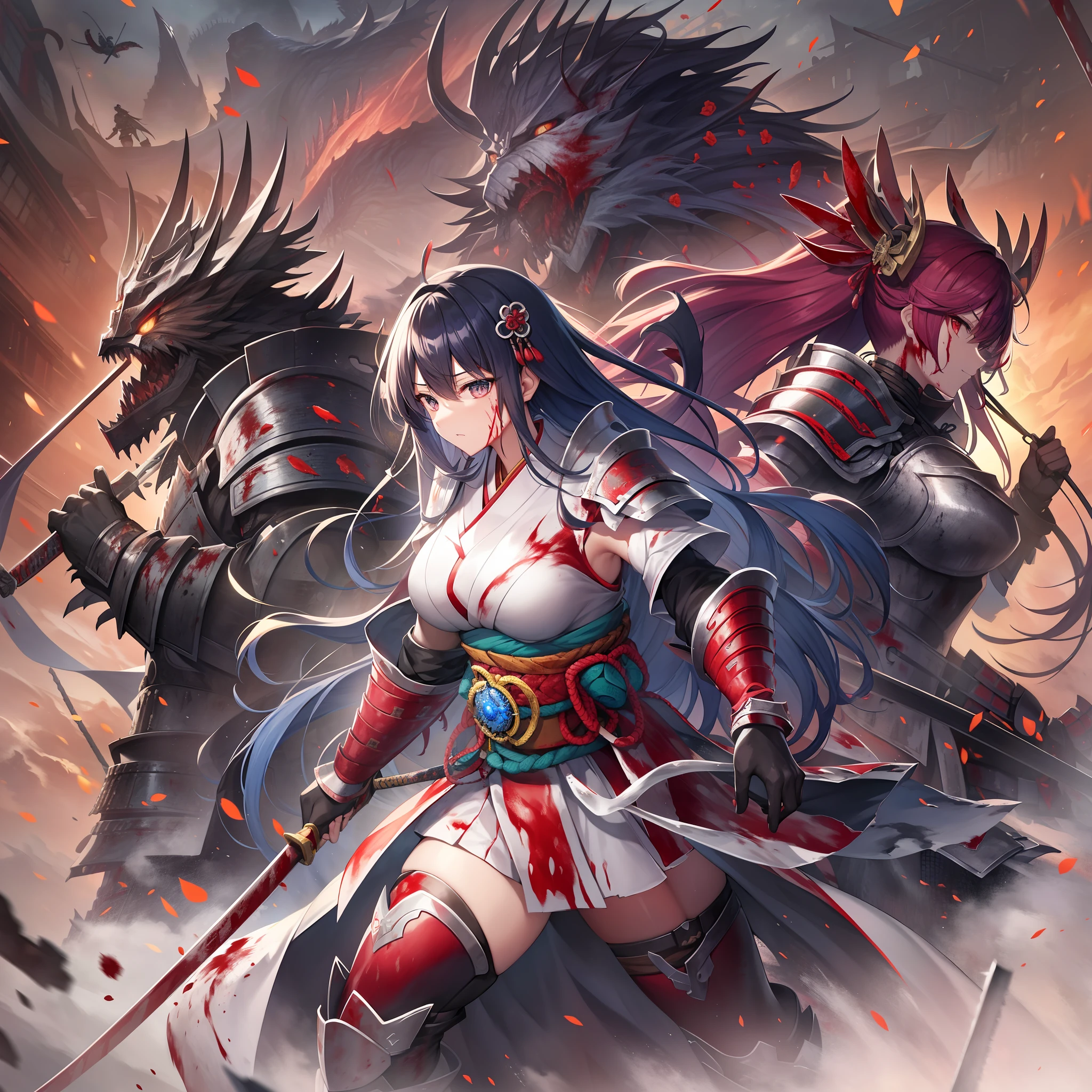 Outrageous resolution、​masterpiece++、top-quality++、ultra-definition++、ultra-definition++、4k++、8k++、from side、（Background Focus）++、（（1）））+++A woman in clothes is surrounded by monsters that destroy the city Japan and is covered in bloody and battered armor.（Battle）Praise the samurai who do the work of、Surrounded by monsters Japan bloody and battered armor,（Battle）Samurai runes that work as、Surrounded by monsters Japan bloody and battered armor,（Battle）Samurai magic that works、Surrounded by monsters flying overhead Japan he is covered in bloody and battered armor.（Battle）Samurai who work as、Surrounded by monsters Japan bloody and battered armor,（Battle）A handmaiden who works as a、Surrounded by monsters Japan bloody and battered armor,（Battle）Samurai President、Detailed contemporary art、Contemporary Art Style、Blake Surrounded by beautiful modern monsters Japan he is covered in bloody and battered armor.（Battle）The Samurai Witch Who Works、Surrounded by monsters Japan bloody and battered armor,（Battle）Samurai college students who work for、Contemporary Art Behans、Surrounded by monsters Japan bloody and battered armor,（Battle）Samurai high school students working for、Surrounded by beautiful monsters Japan he is covered in bloody and battered armor.（Battle）The handmaiden Jie who works for、Surrounded by shiny floating monsters Japan he is covered in blood and tattered armor.（Battle）Samurai fragments that work as、Surrounded by monsters Japan bloody and battered armor,（Battle）Samurai who work as、 Surrounded by dazzling monsters Japan he is covered in bloody and battered armor.（Battle）Samurai sparks that work for、Surrounded by monsters Japan bloody and battered armor,（Battle）Samurai chains that work as、Surrounded by monsters Japan bloody and battered armor,（Battle）Samurai who work as、Surrounded by monsters Japan bloody and battered armor,（Battle）Samurai wind blowing hair that works、Blake Modern Beautiful、Surrounded by monsters Japan bloody and battered armor,（Battle）Samurai who w