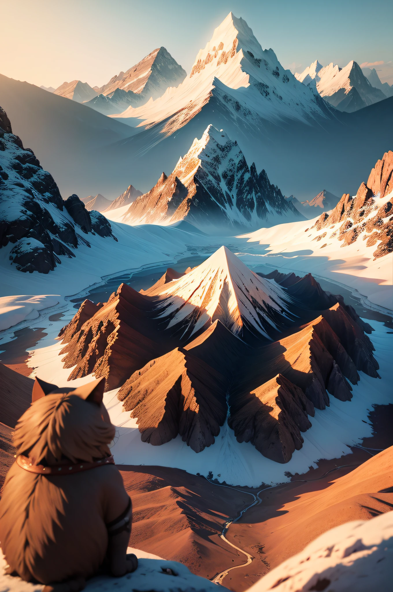 A letter logo with 3d cinematic look and big mountain and cat scenary with rising sun and big tree