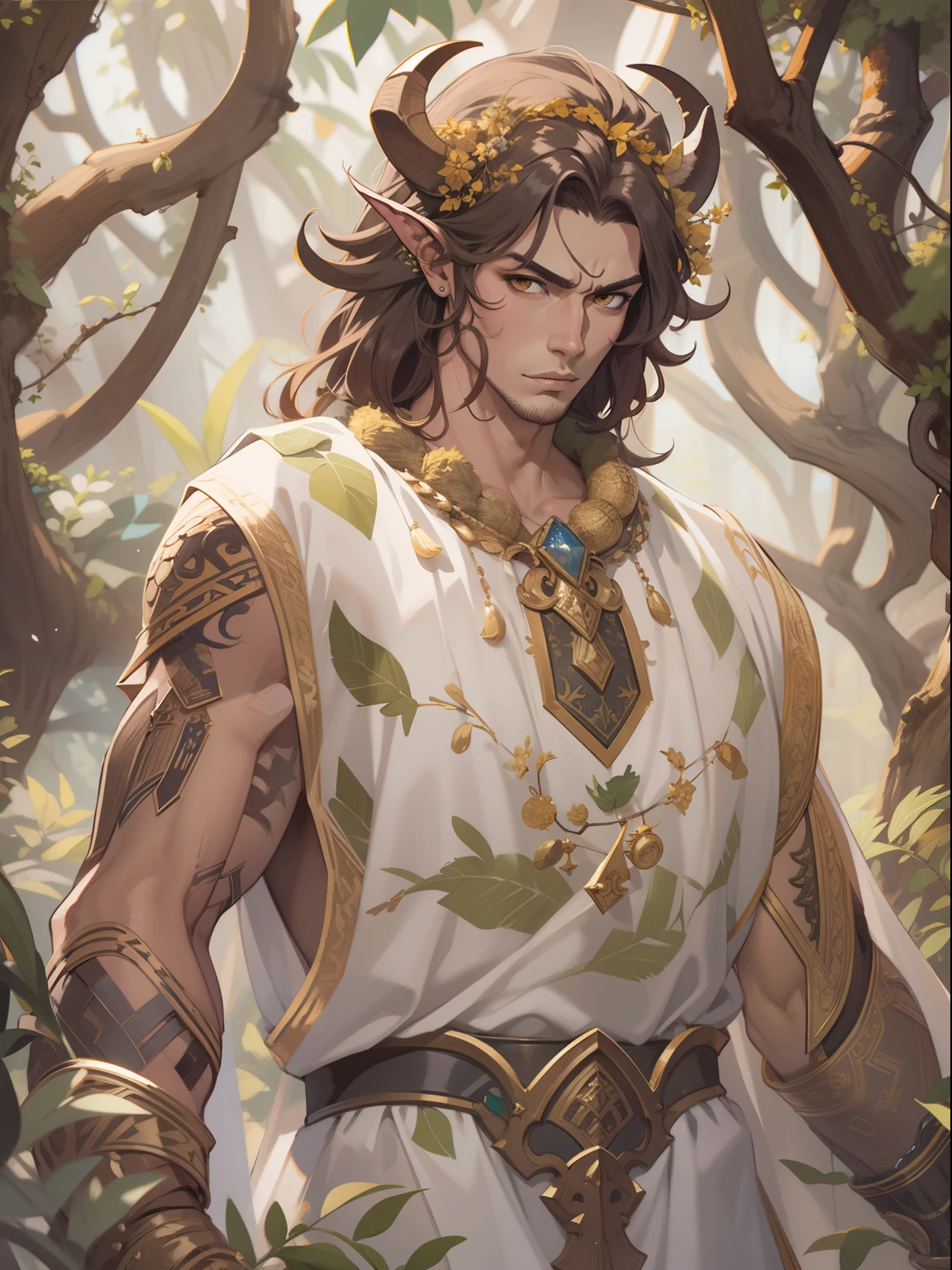D&D drawing, a very handsome satyr with white eyes and a tunic with an acacia tree pattern, expression loyal, close-up intensity, masterpiece, best quality, ultra-detailed, cinematic beautiful lighting, intricate details, looking at viewer, depth of field-ar 2:3-s 200,