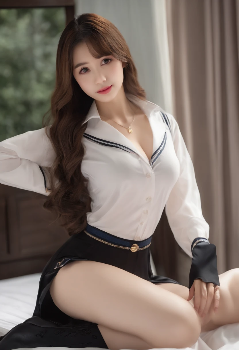 （A beautiful 17-year-old Chinese girl），top-quality,ultra - detailed,tmasterpiece,hentail realism，Full breasts，The reveal panties，Hands on chest，exposing her chest，long whitr hair，High ponytail，onbed，warm color，(Brown eyes),(A brown-haired),(By bangs)perfect glossy shiny skins,Flawless skin,((erotick,Sexy and sexually explicit))，big breasts thin waist，spread their legs，sockes, (Black pantyhose)，（high-heels），JK school uniform