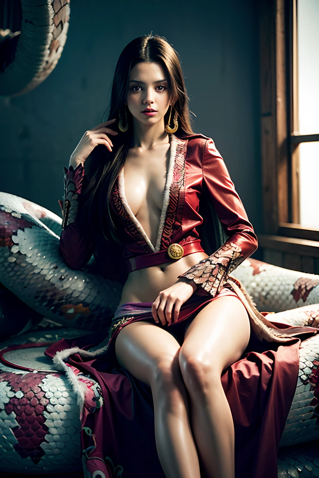 original photo:1.2),(realistic:1.4),beautiful detailed girl,very detailed eyes and face,beautiful detail eyes,ridiculous,incredibly ridiculous,super detailed,high resolution,very detailed,best quality,masterpiece,illustration,very detailed,CG,unified,8k wallpaper,amazing,fine detail,masterpiece,best quality, perfectlighting,1 girl, (((boa hancock))), long hair, epaulettes, white cape, red crop top, side slit, cowboy shot, sitting on her throne, fullbody, ((SALOME snake background))