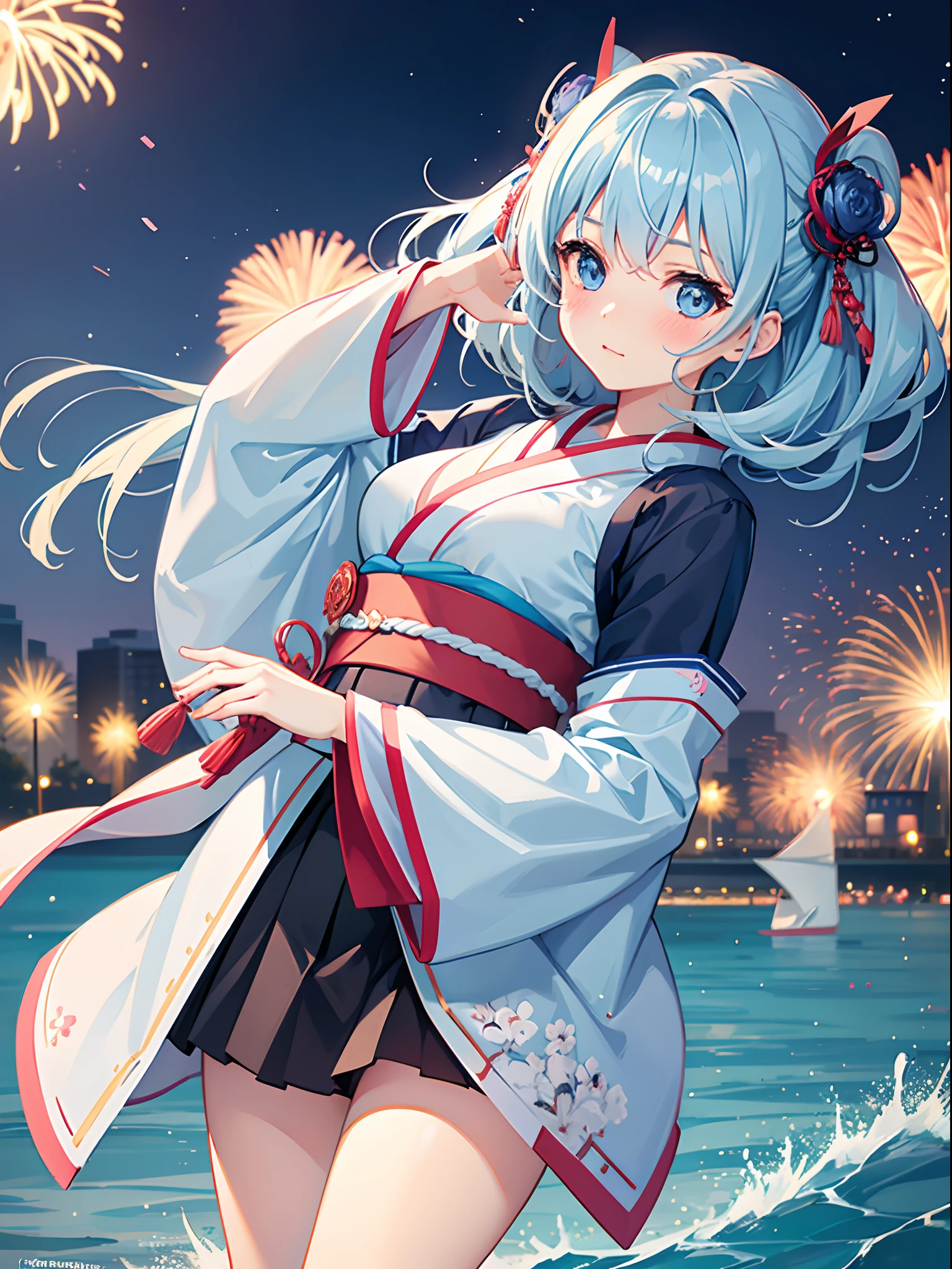 1girl in,Light Blue Medium Hair,Tying hair,Light blue eyes,Cute,blush,medium breasts, kimono skirt, Fireworks Festival, River side, Best Quality++,Highest Quality++, Line,
