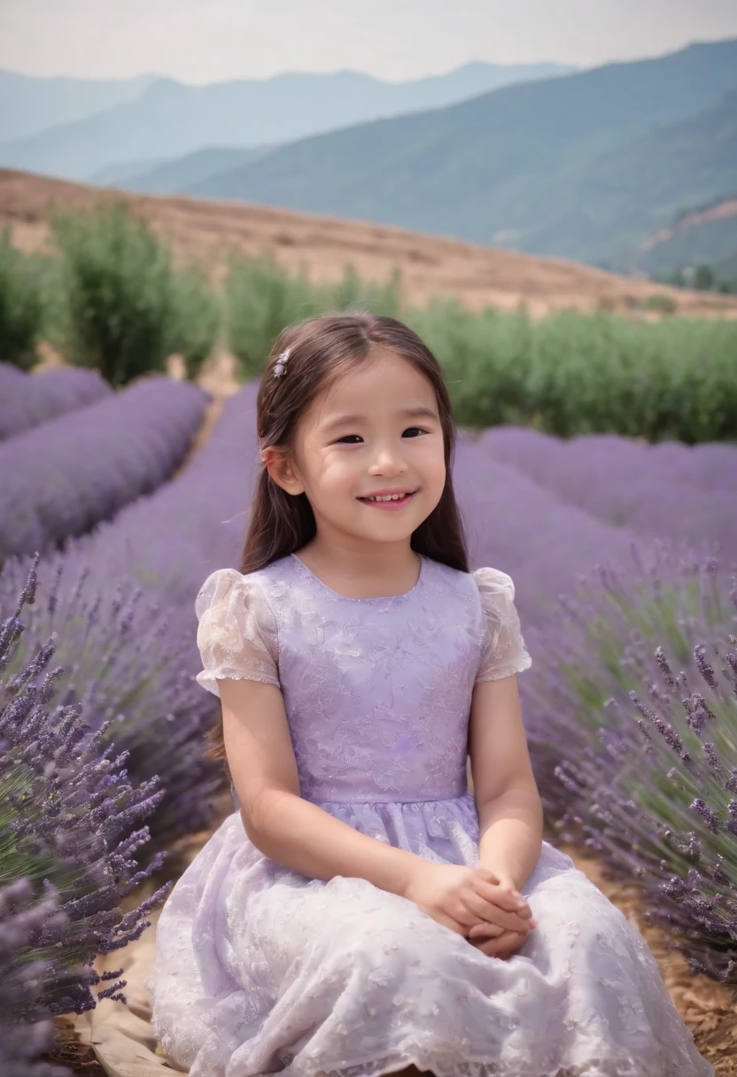 A sits in a lavender field, ssmile, blue-sky, baiyun, Far Mountain.