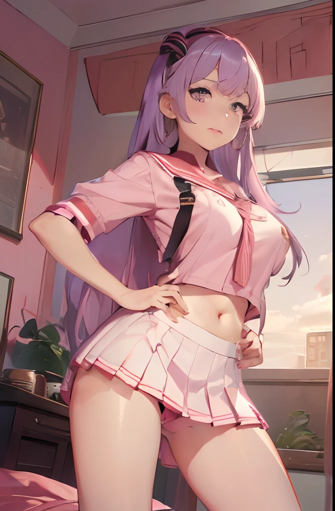 beautiful illustration、top-quality、Cute s、bedroom、purple-haired、short hair, red color eyes、(((pink pleated skirt))、(((white sailor suit)))、shortsleeves、a navel、bare-legged、on the beds、lovely thighs、glowing thigh, 1girl, bangs, biting, blush, covered navel, eyeshadow, hair behind head, hand on hip, smile, long hair, looking at viewer, makeup, pilot suit, red eyeshadow, science fiction, skin tight, solo, ((masterpiece)),camel toe, (breast:1.1), 8k, (thick thighs:1.3), beautiful, trap, futa,jbelfastpk