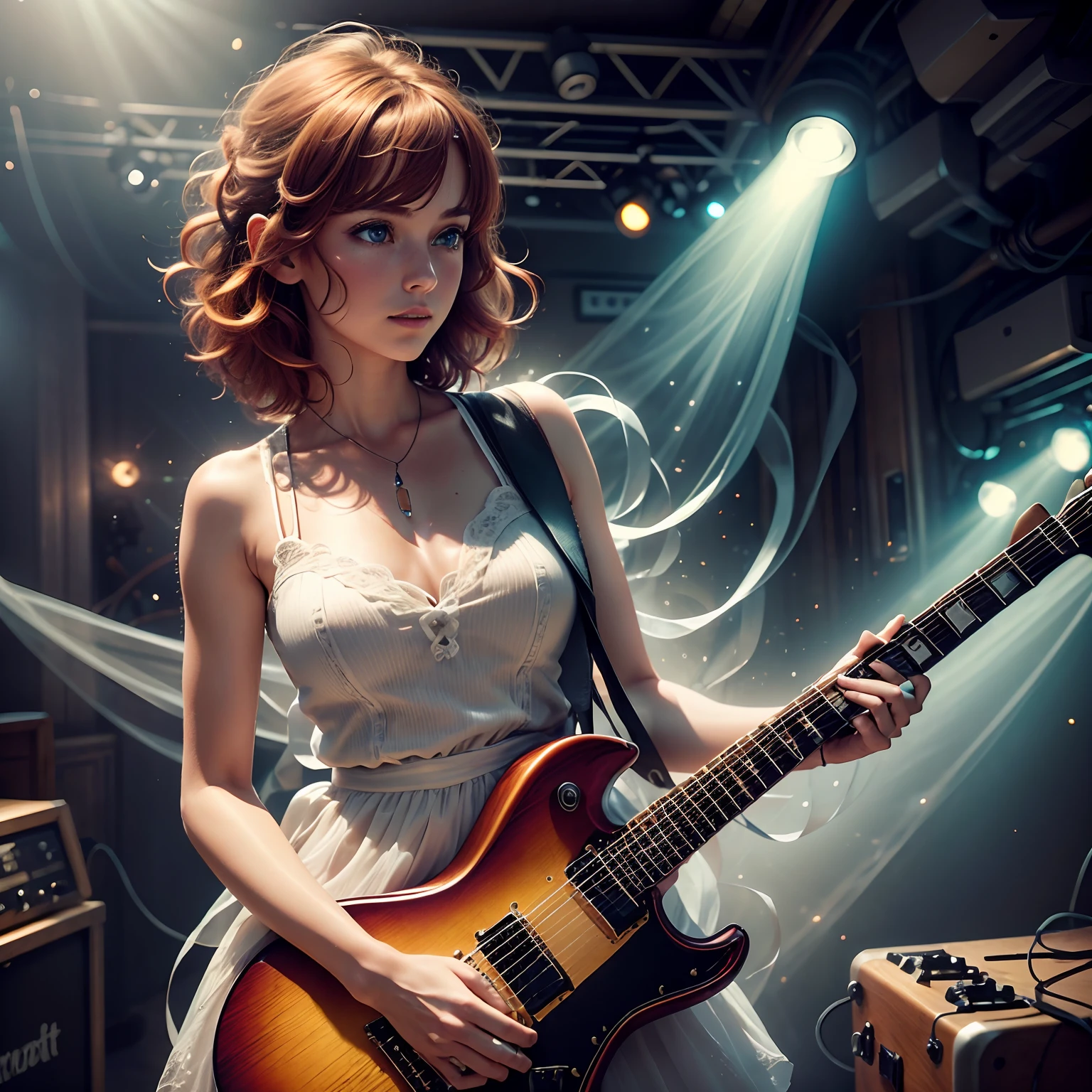 Extremely detailed, ultra detailed, realistic, in a live music club, cowboy shot, various lighting effects used in live concerts, 1 girl, guitarist, electric guitar, Wearing a white dress that transmits light, With an enthusiastic look, looking afar, Ultra detailed face and blue eyes, beautiful face, beautiful skin, ecstatic expression, Red hair, Short hair, Wavy Hair, bathed in light from behind, lens flare, generate an image with the subject's movement captured in the scene.