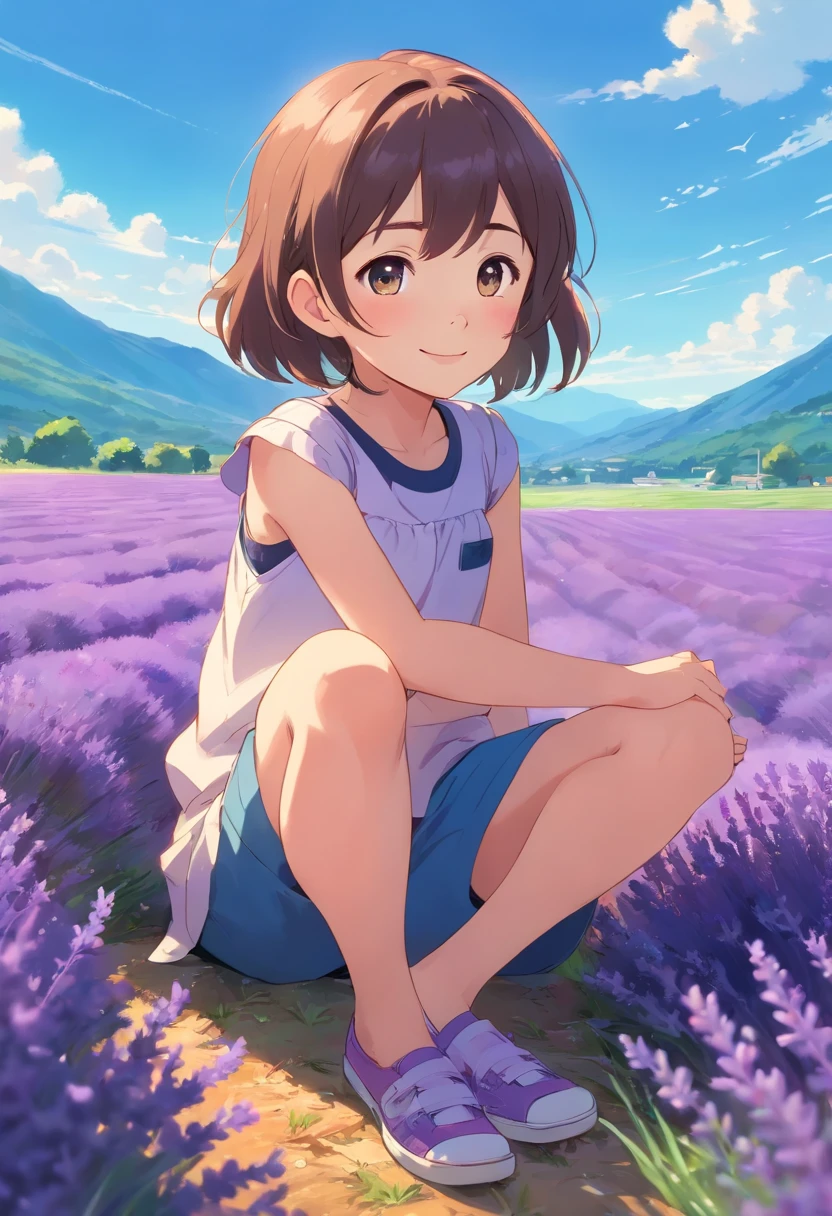 A sits in a lavender field, ssmile, blue-sky, baiyun, Far Mountain.