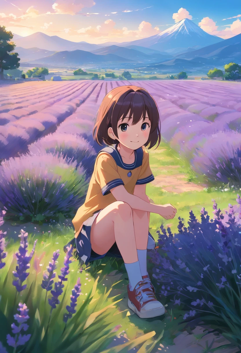 A *************** sits in a lavender field, ssmile, blue-sky, baiyun, Far Mountain.