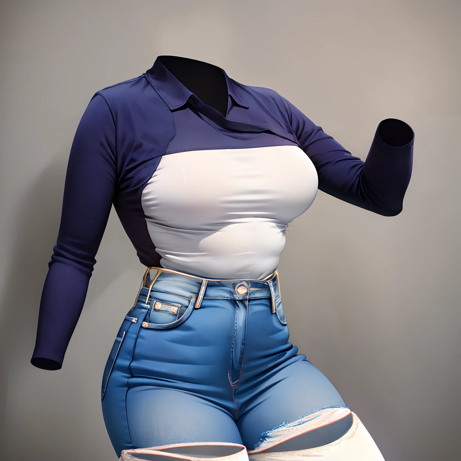 invisible, headless, faceless, masterpiece, best quality, navy-blue skinny jeans, white boots, pink blouse, large breasts, sexy, simple background, single background
