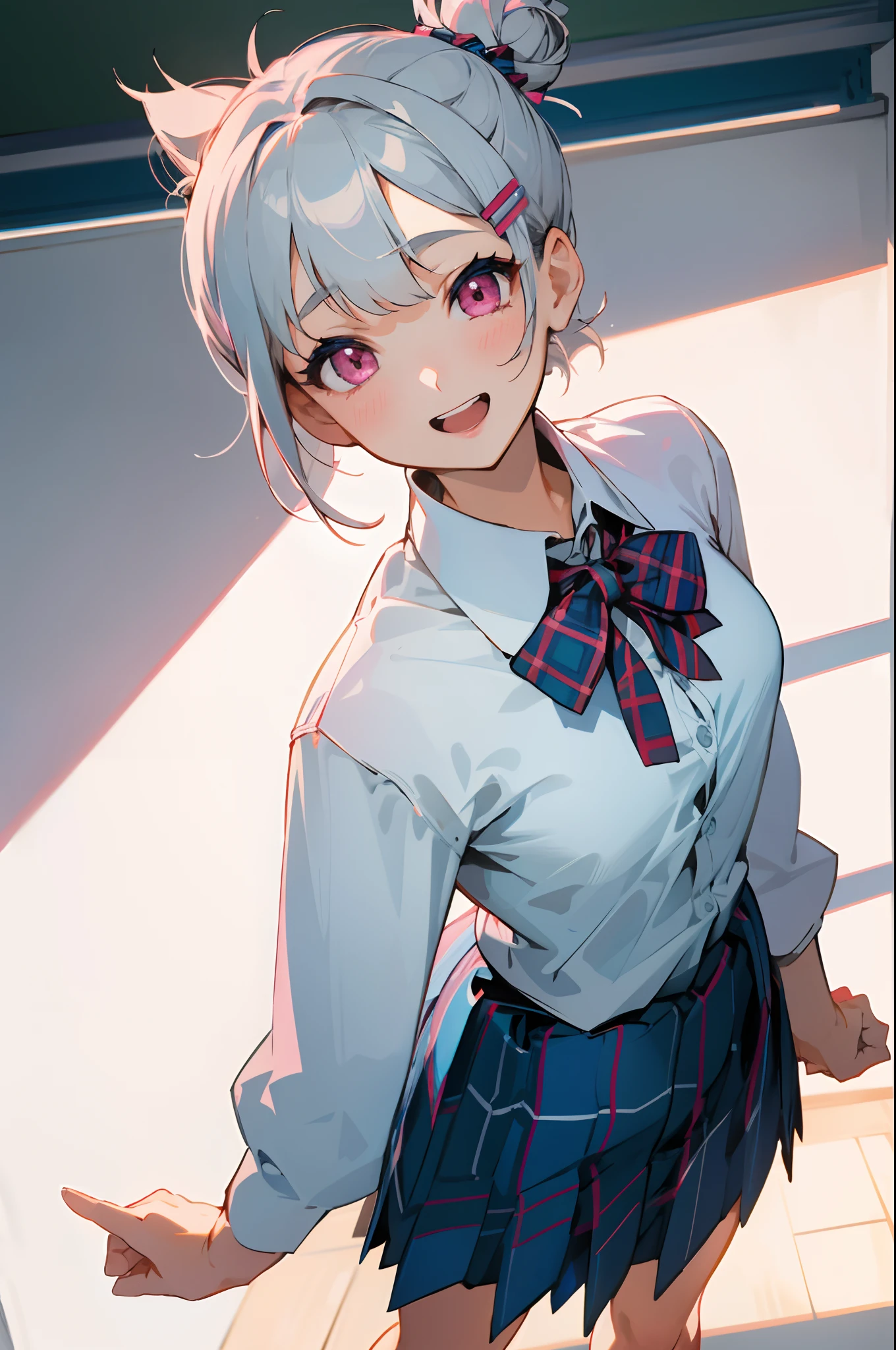 ​masterpiece, top-quality,  Short hairstyle with silver hair and bob, Hair tied in a bun with a hair clip, Pink eyes, small tits、White blouse shirt, Tartan checked skirt, The upper part of the body, From  above, Look at viewers, A smile, open open mouth, After-school classroom