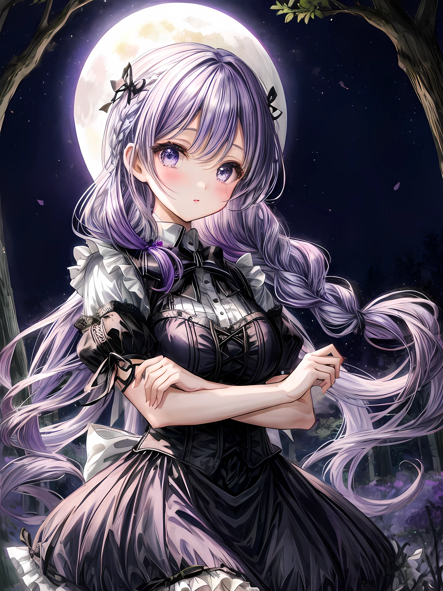 Anime girl: Lavender hair, ankle-length, intricate braided hairstyle, Gothic ta fashion, moonlit forest, ethereal floating pose.