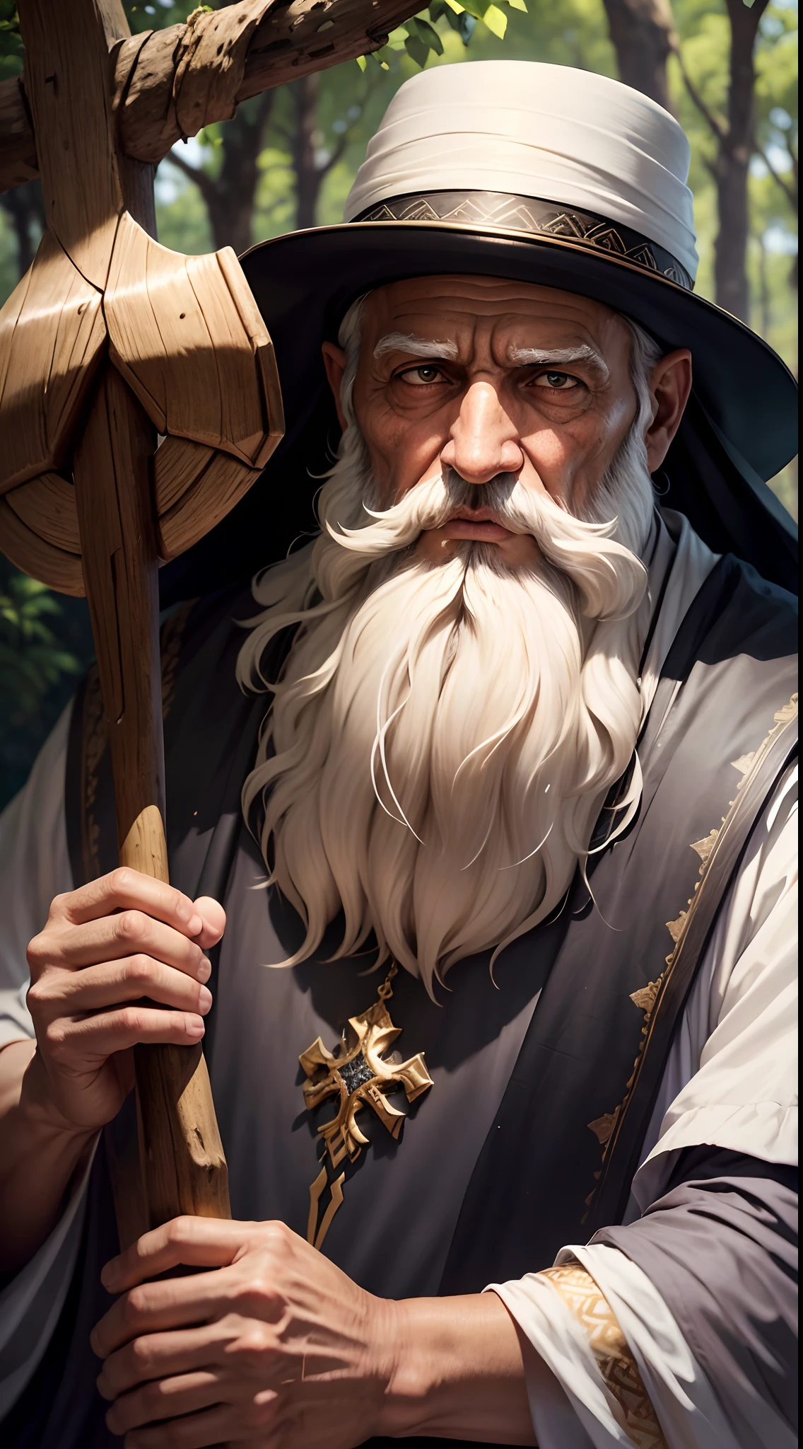 PATRIARCH ABRAHAM, homem velho bonito, com barba longa, personagem biblico, Natural environment with trees, sem campo, com ovelhas em volta, Homem simples, humilde, with a staff in his hands. cabelo longo, homem do campo.