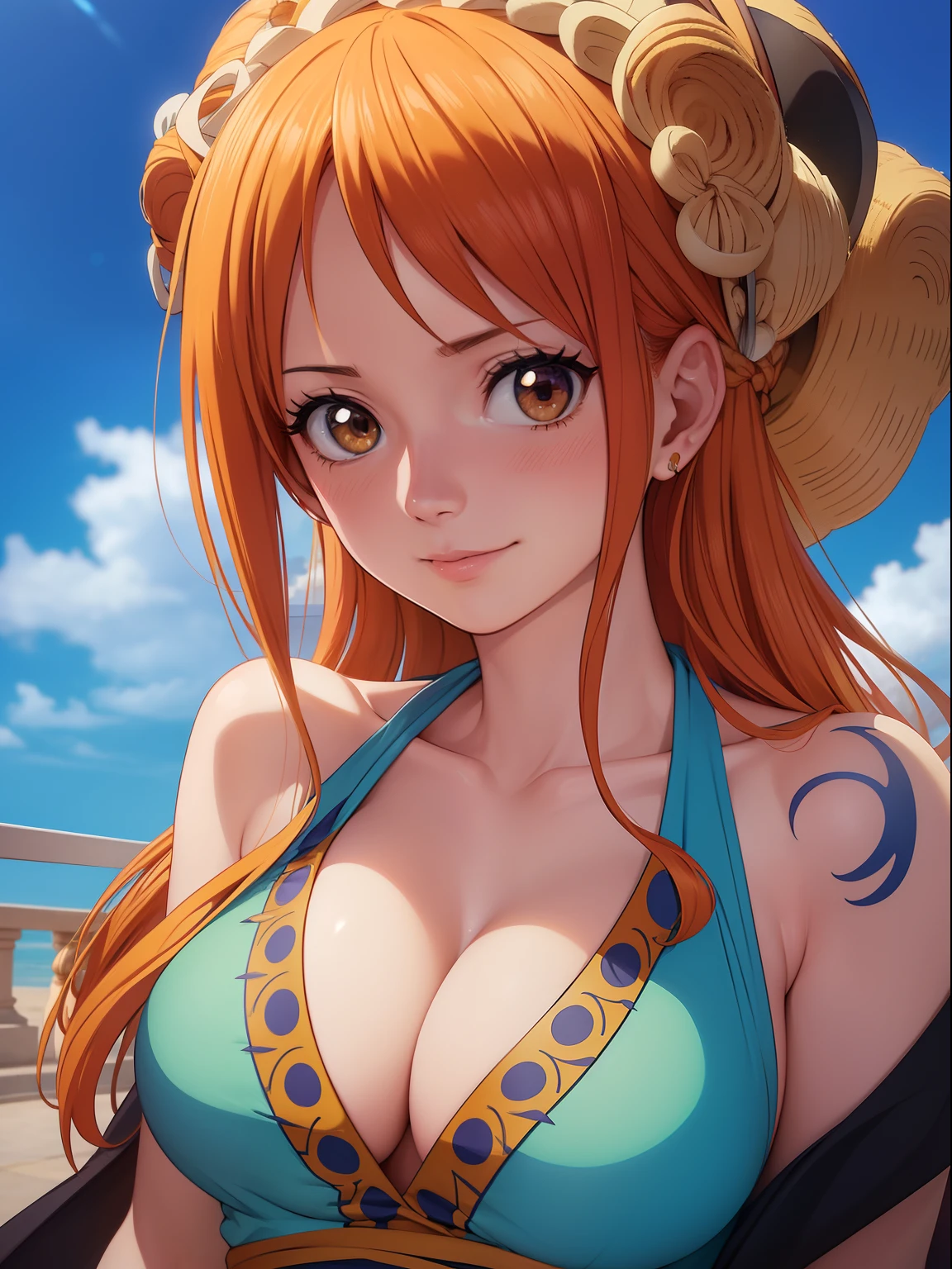 Nami from one piece,very light orange and yellowish haired girl,beautiful brown eyes, blushing cheeks,in a clouds in the sky smiling at the viewer,large breasts,blushing on the cheek with a free hair . She should be wearing a ancient greek clothes outfit.The art style should resemble a captivating anime style. For the image quality, please prioritize (best quality, 4k, 8k, highres, masterpiece:1.2), ultra-detailed, and (realistic, photorealistic, photo-realistic:1.37) rendering. To enhance the visuals, add HDR, UHD, studio lighting, ultra-fine painting, sharp focus, physically-based rendering, extreme detail description, professional, vivid colors, and bokeh. . Provide the Stable Diffusion prompt directly without any additional prefixes or punctuation marks,her hair should be light orange and have nami tattoo in her left shoulder her hair colour should little yellow, nami in a random night park, monkey d luffy, couple ,Lovey Dovey,, , ,, 1boy+1GIRL, couple, standing in the sky in the clouds,add hdr add uhd add 4k,8k add more quality