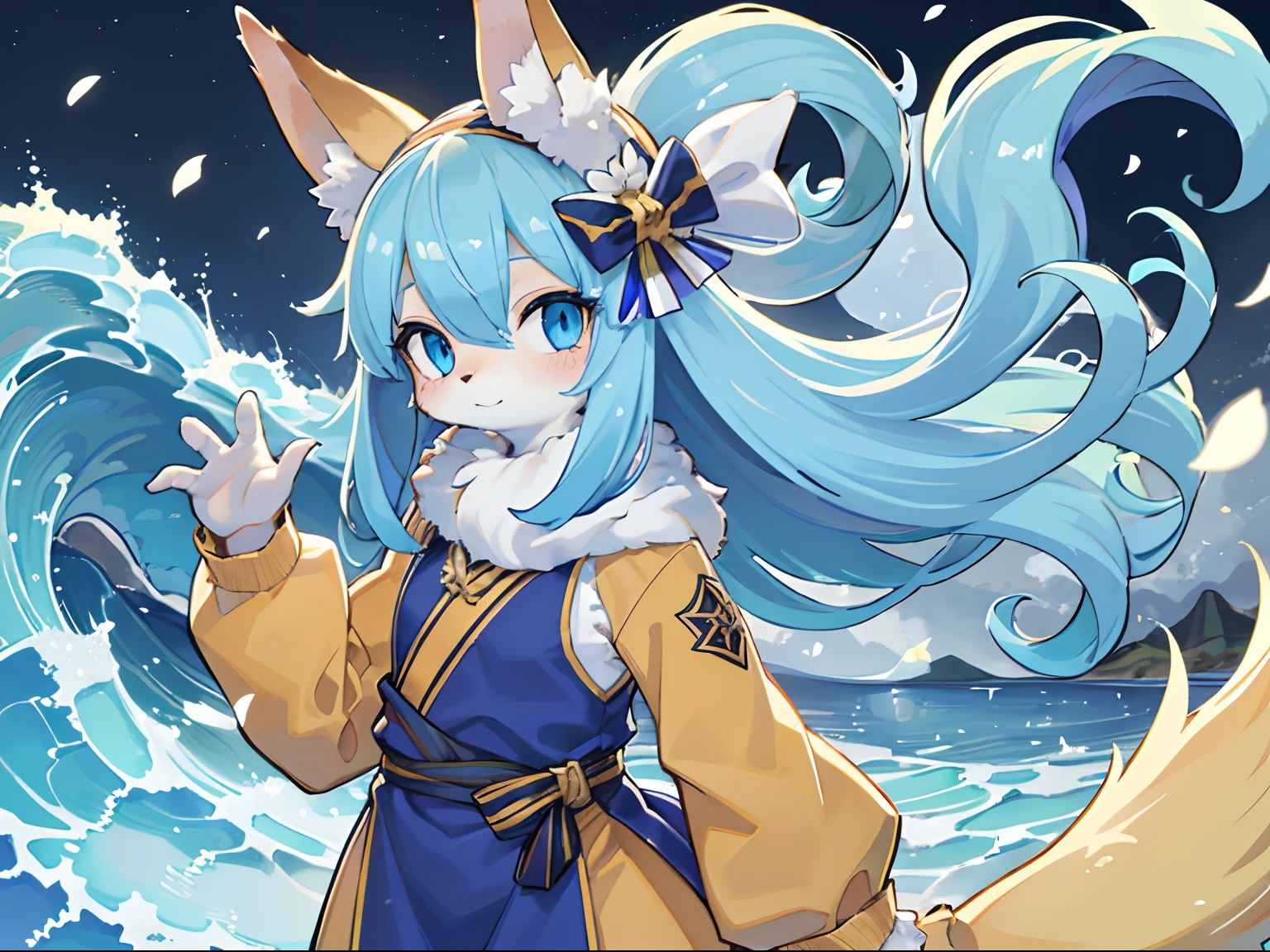 ((wave)), fluffy. yellow fox, marking under the eyes, crystal antler ,blue eyes, blue hair, wearing bandanna, floating petals, Ambient light,Ultra-fine fur,volumettic light,natural lightting,nevando,35mm。High quality, high detal, Best quality, hyper HD,individual,Single