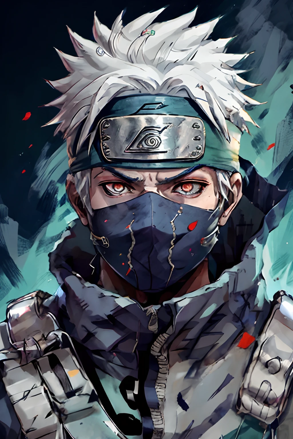 Kakashi, 1st grade, sozinho, Foco masculino, brilhar, olhos vermelhos, heterochromatic, looking up at the audience, olhos brilhantes, Cicatrizes, Ninjas, olhos brilhantes, cicatrizes no rosto, raio