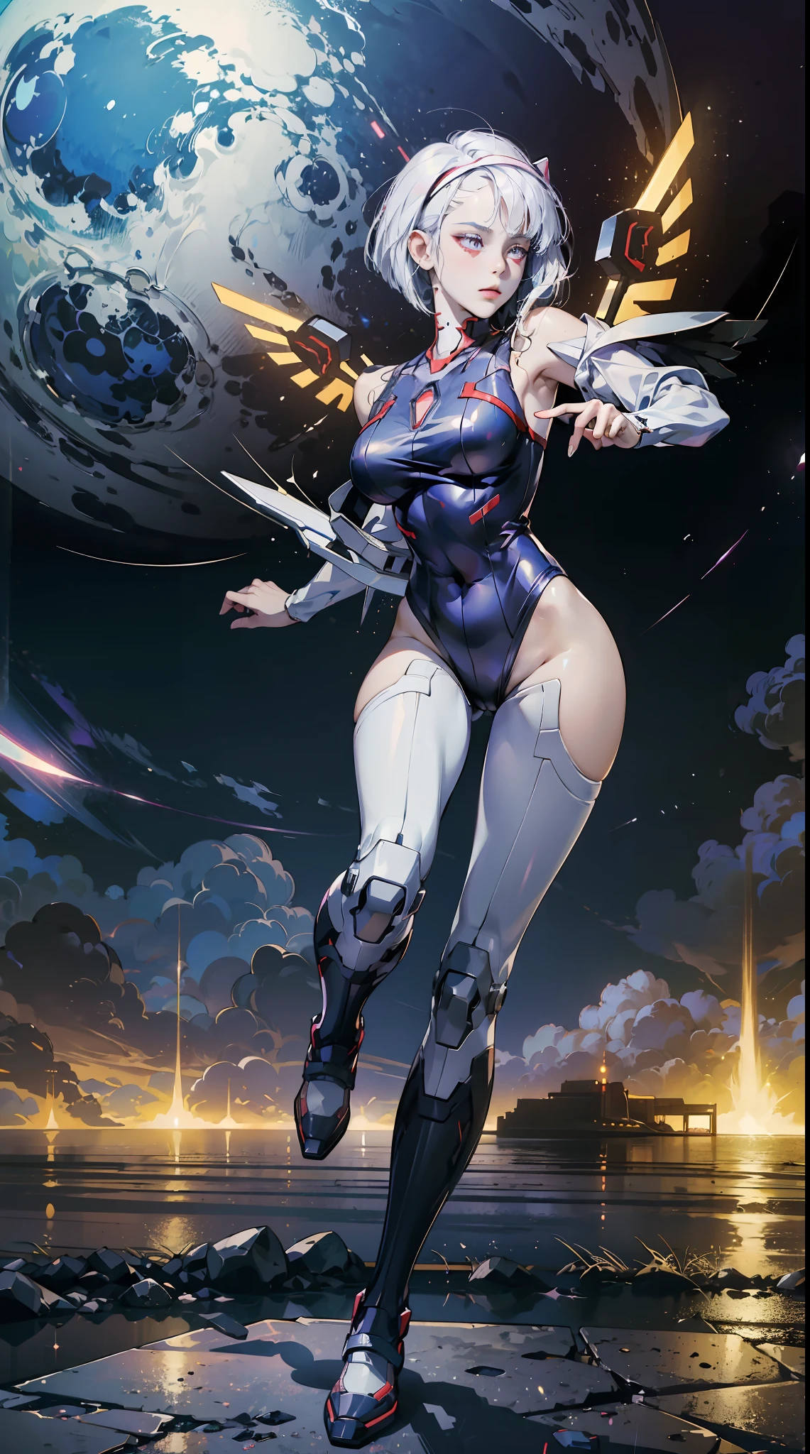 ((((masterpiece, best quality, high resolution)))), Extremely detailed 8K, Beautiful girl with slender body, (Ultra HD, Ultra-detailed, Highly detailed, Highly realistic, Ultra-realistic, photograph realistic), (1girl:1.5), realistic white hair, short wavy hair, bob cut, purple eyes, (large breasts: 1.2), cleavage, mecha musume, (white full body suit), glowing parts, light particles, light energy, mechanical wings, mechanical thrusters, mecha headgear, cyber effect, cyber space, (dynamic pose), cowboy shot