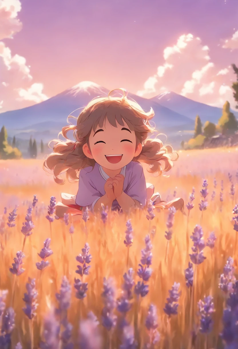 A 6-year-old girl sits in a lavender field, ssmile, blue-sky, baiyun, Far Mountain.