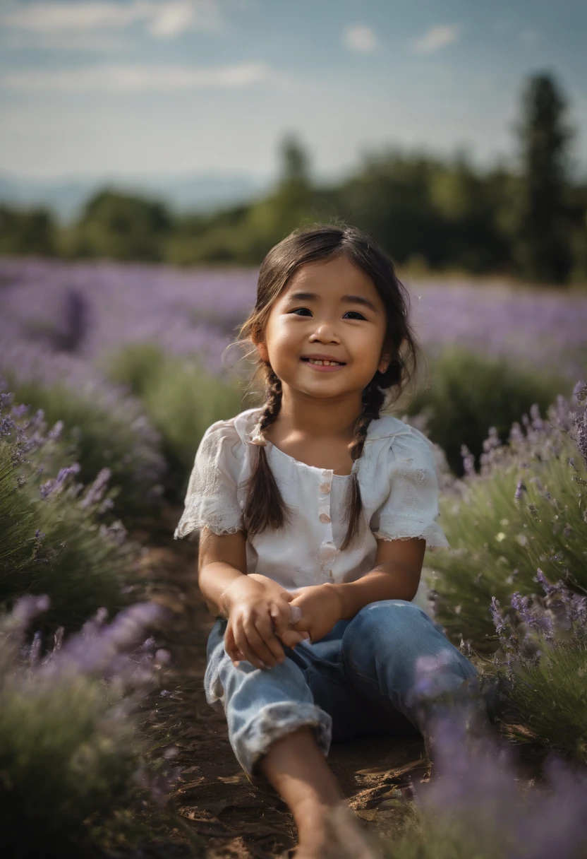 A sits in a lavender field, ssmile, blue-sky, baiyun, Far Mountain.