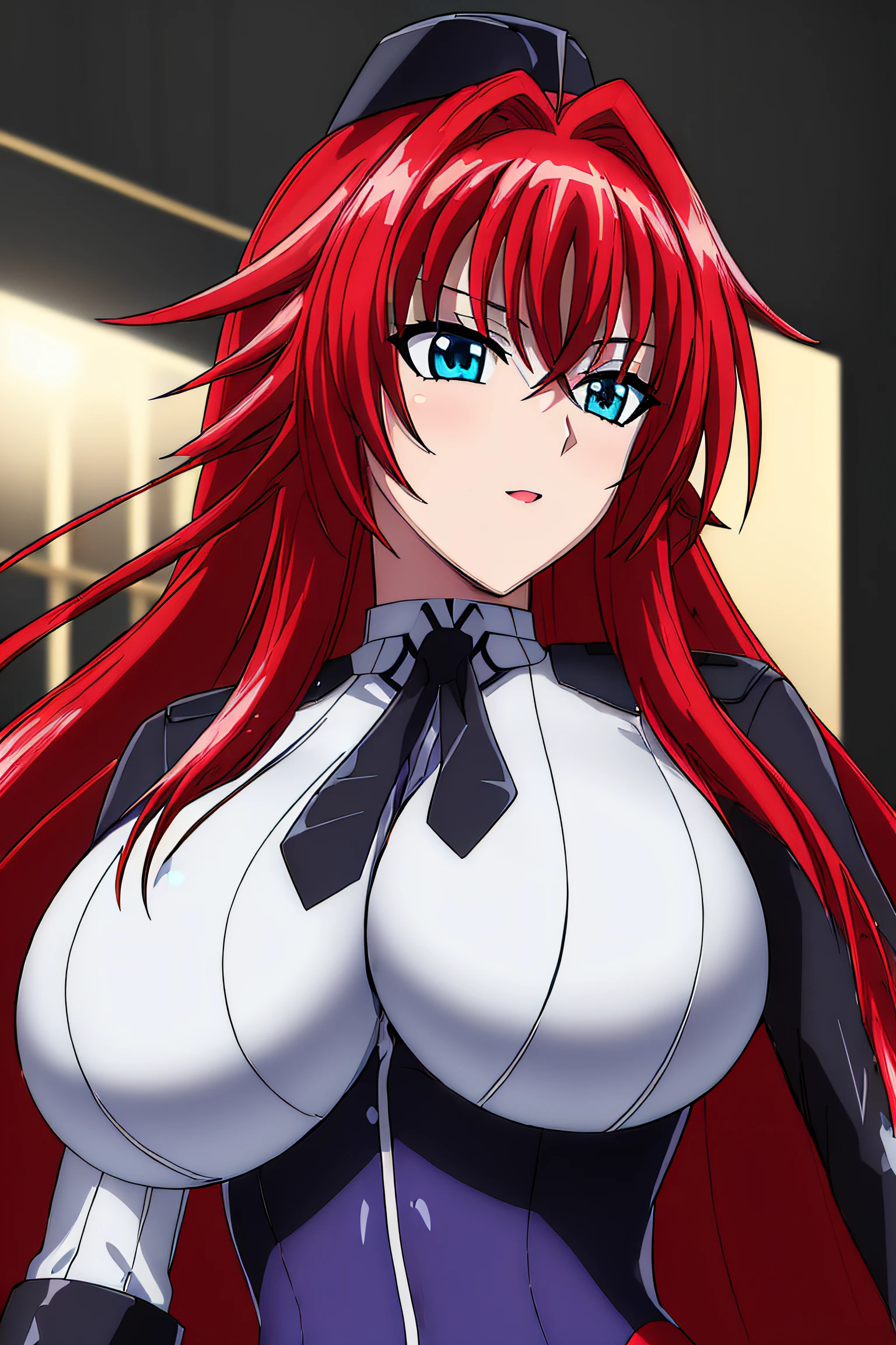 (Night:1.7), Japan, cyberpunk, CityView, Before Window,
Standing at attention, saluting
Black neckwear, dollsuit
Red_hair,Very_long_hair,Blue_EYES,Bangs,
1 girl, 20yo,Young female,Beautiful Finger,Beautiful long legs,Beautiful body,Beautiful Nose,Beautiful character design, perfect eyes, perfect face,expressive eyes,
looking at viewer, in the center of the image,(Upper_body),(Focus on her face),(huge, massive, oversized) breasts
official art,extremely detailed CG unity 8k wallpaper, perfect lighting,Colorful, Bright_Front_face_Lighting,shiny skin, 
(masterpiece:1.0),(best_quality:1.0), ultra high res,4K,ultra-detailed,
photography, 8K, HDR, highres, absurdres:1.2, Kodak portra 400, film grain, blurry background, bokeh:1.2, lens flare, (vibrant_color:1.2)
(Beautiful,large_Breasts:1.4), (beautiful_face:1.5),(narrow_waist),