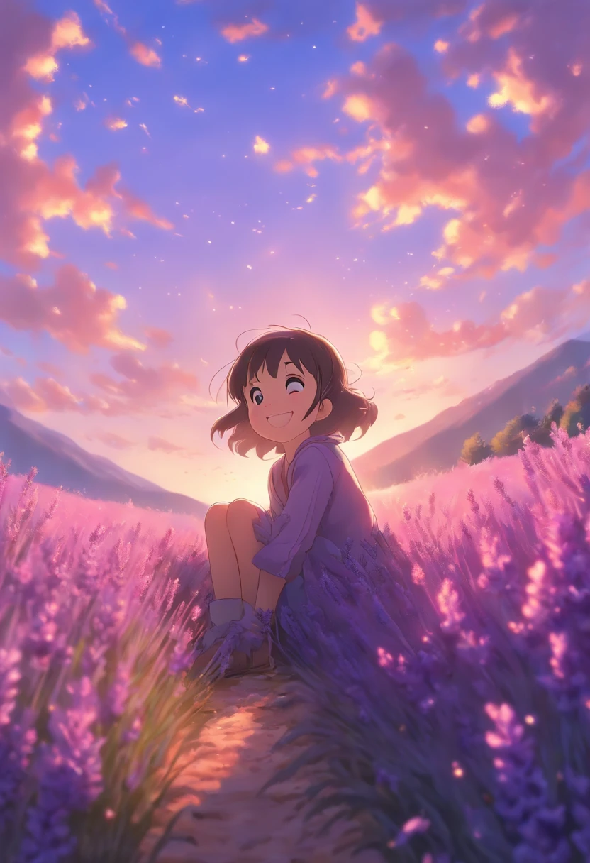A 6--old l sits in a lavender field, ssmile, blue-sky, baiyun, Far Mountain.