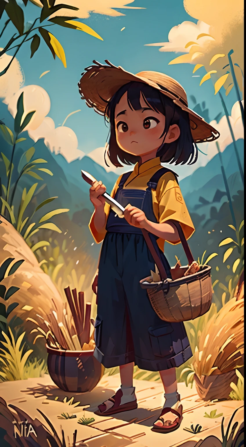 Chinese tide illustration,A girl stands next to a bamboo basket,Holding a small knife in his hand,Wheat,Auspicious clouds,Background with gold gradient,Chinese mythology,detail-rich,natta,There are torches to illuminate the surroundings