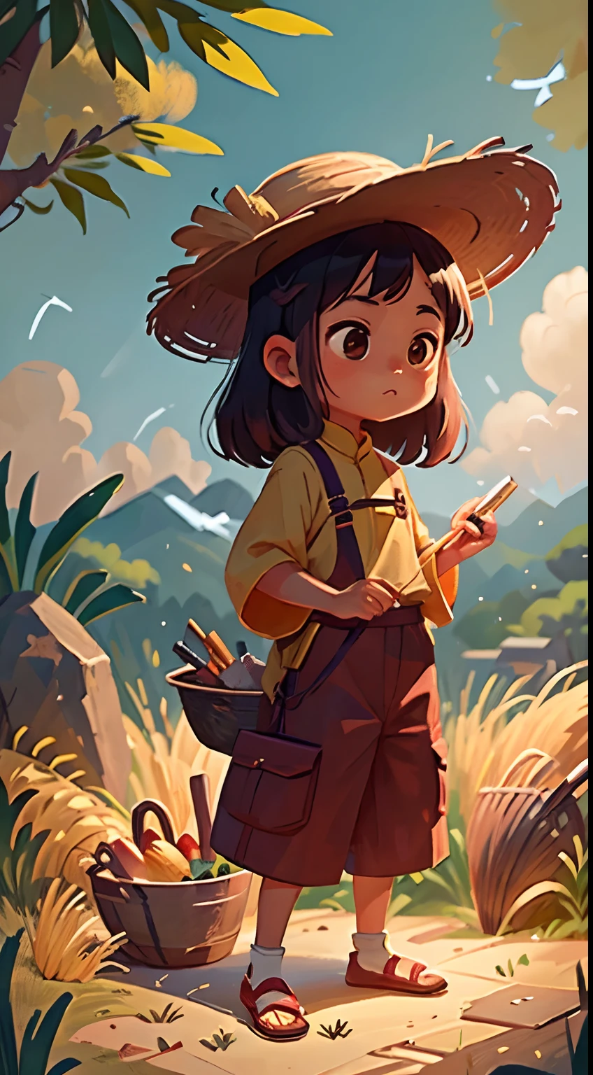 Chinese tide illustration,A girl stands next to a bamboo basket,Holding a small knife in his hand,Wheat,Auspicious clouds,Background with gold gradient,Chinese mythology,detail-rich,natta,There are torches to illuminate the surroundings