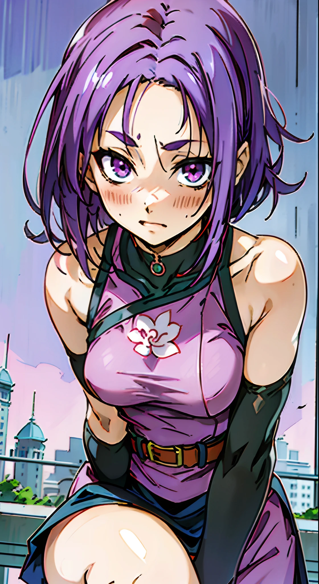 masutepiece, Best Quality, Ultra-detailed, Colorful,Up-close, Hyper-detailing,Purple hair, Semi-long hair, Reo Mikage, Blue Lock, no sleeves, Camisole and cheongsam, Cheongsam for lower body, chinese clothes, Chest exposure, Metamorphosis is exposed, Choker, Black Choker, arm warmer, Relative area, a belt, Sexy breasts, Big breasts, red blush, 1girl in, Solo, Sharp face, Heterochromia, Green eyes, Purple eyes, Bare neck, Happy face, rays of sunshine, Beautiful sky, shining sky, Shanghai Village, castle