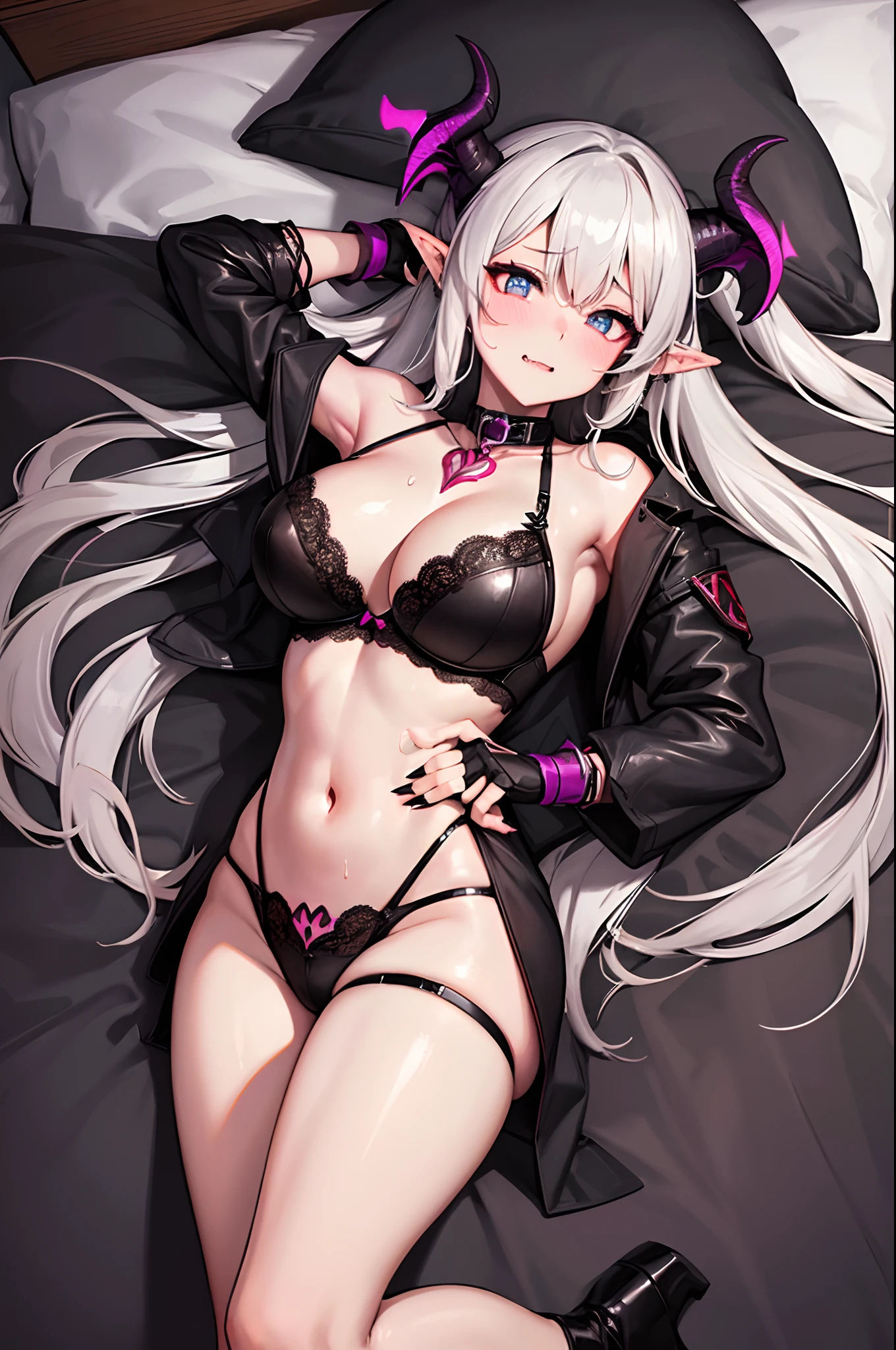 Two seductive succubus, sweating, accented with long elf ears, fangs, sharp nails and demonic wings, beautiful heart shape pupils, demonic horns on head, dragon tail on buttocks, anthropomorphic dragon legs with scales, five dragon fingers with claws, two beautiful dragon wings spread on the back, prostitute demon, slave collar on the neck, slave lascivious belly tattoo, blush, shy face, parted mouth, heavy lustful breathing, steam from mouth, protruding areolas, huge breasts, wide waist, huge wide thick hips, wet cleavage, lace bra, abs, fit, slim, sweat, juice, long legs, long torso, hands gabbing breasts, saliva on body, wet and shiny, laying on bed, wet skin, 2girls. Additionally, there's a 100% chance a lot of thick white cum being present on her body.