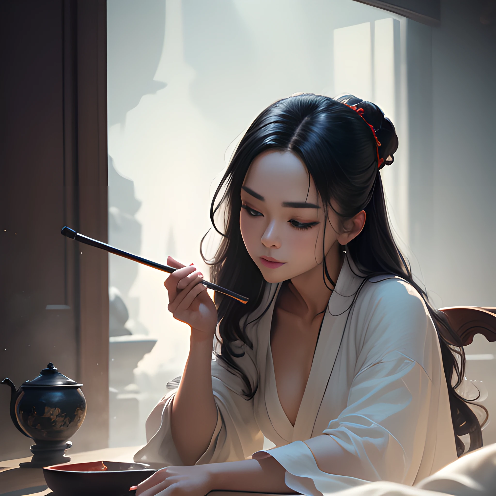 Li Xunhuan, Dressed in white, He lay in bed, drink, multicolored eyes, smile, sleepy, black hair, medium hair, kanzashi, eyeball, sigh, closed eyes, modern, modern, chiaroscuro, silhouette, film grain, Classicism, high detail, ray tracing, character chart, projected inset, first-person view, from side, head out of frame, from outside, close-up, Minimalism, Neoclassicism, projected inset, panorama, wide shot, vanishing point, wide shot, Wide-Angle, Ultra-Wide Angle, Sony FE GM, Classicism, Minimalism, En plein air, Cubism, move chart, afterimage, highres, best quality, retina, masterpiece, textured skin, anatomically correct, ccurate, highres