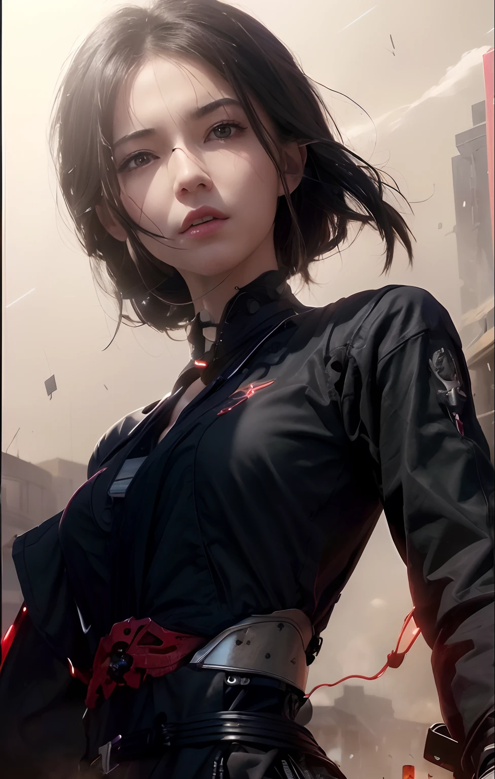 (((masterpiece))), ((best quality)), ((ultra-detailed)), (CG illustration), (an extremely devious and beautiful)), (cute desktop face), cinematic light, ((1 mechanical girl)), single, full, (machine-made joints). : 1.4), ((mechanical limb)), (blood vessel attached to tube), ((mechanical spine attached to back)), ((mechanical cervical vertebrae attached to neck), ((war machine)), expressionless, (wires and cables attached to head and body: 1.5), (character focus), science fiction