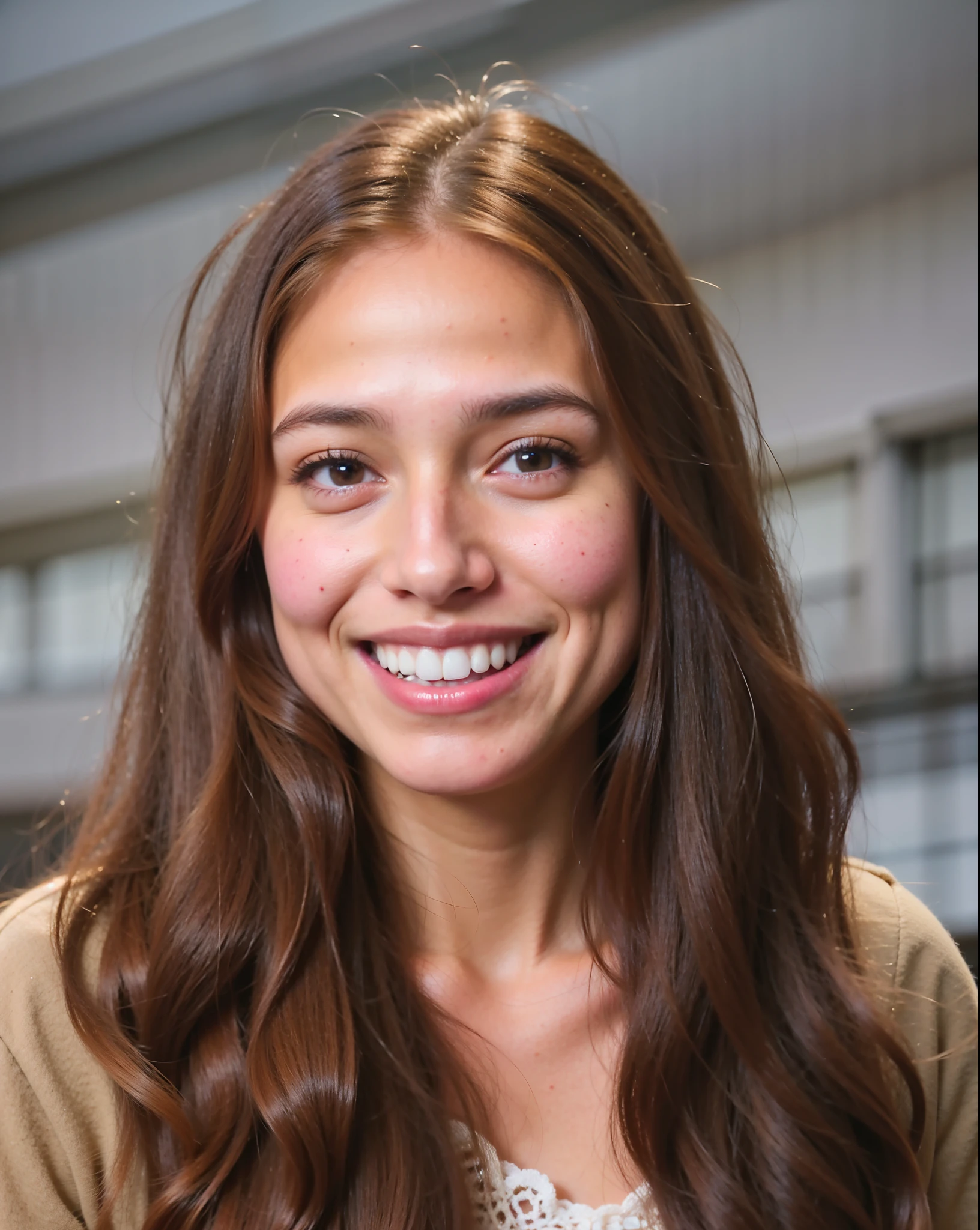 arafed girl with long brown hair and a smile on her face, yearbook photo, portrait sophie mudd, realistic portrait photo, detailed portrait, high quality portrait, kailee mandel, emily rajtkowski, detailed color portrait, headshot photo, medium close up portrait, full protrait, headshot portrait, digital rendering, a digital rendering, mid portrait