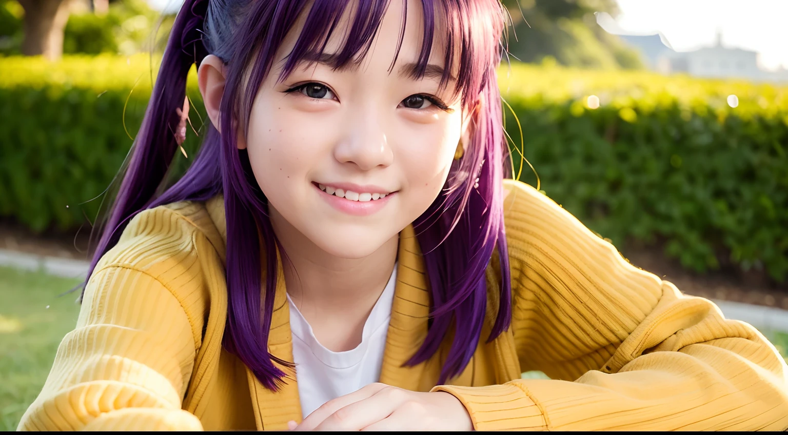 girl with、female high-school student、Purple hair、Long sleeve sailor suit、Yellow cardigan、A smile、Realistic、high-detail、Schools
