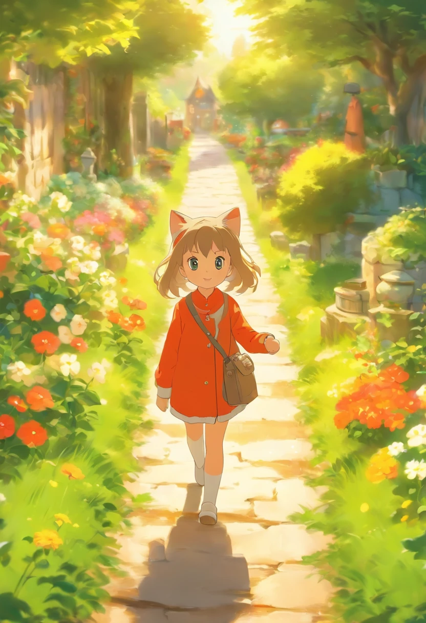 5-year-old girl walking on the garden path, A round-eyed cat followed.