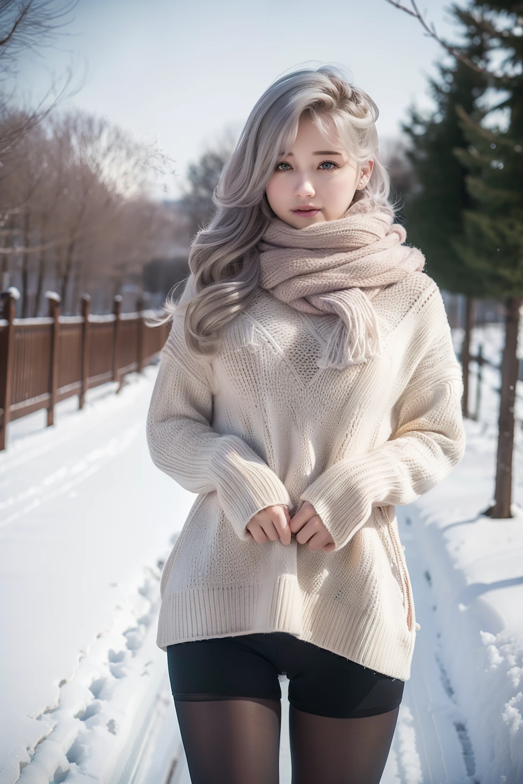 Winters，Snowy landscape，Beautiful teenage girl，lacepantyhose，random color，Long sweater，scarf，depth of fields，Real Light，Ray traching，OC Renderer，UE5 Renderer，Hyper-realistic，best qualtiy，8K，Works of masters，super-fine，Detailed pubic hair，Correct anatomy