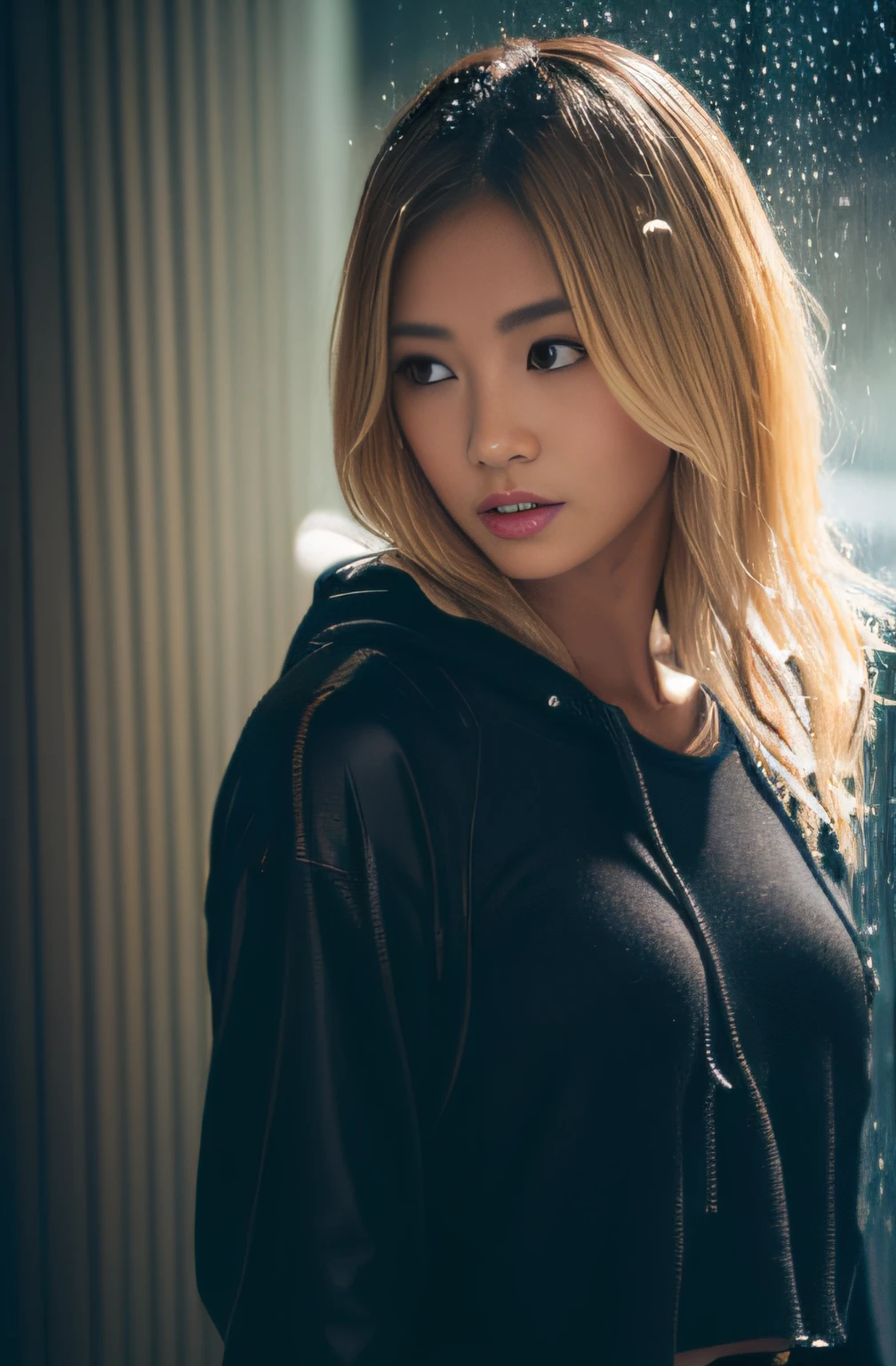 a beautiful young Asian woman with blond hair and a bodybuilder physique, large breasts, wears a leather jacket on a white top