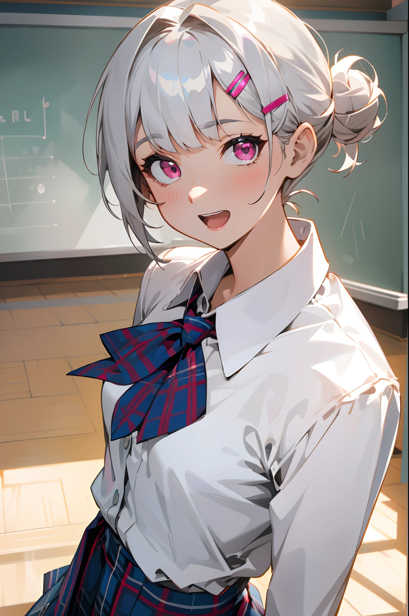 masterpiece, top-quality, Short hairstyle with silver hair and bob, Hair tied in a bun with a hair clip, Pink eyes, small tits、White blouse shirt, Tartan checked skirt, The upper part of the body, From above, Look at viewers, A smile, open open mouth, After-school classroom