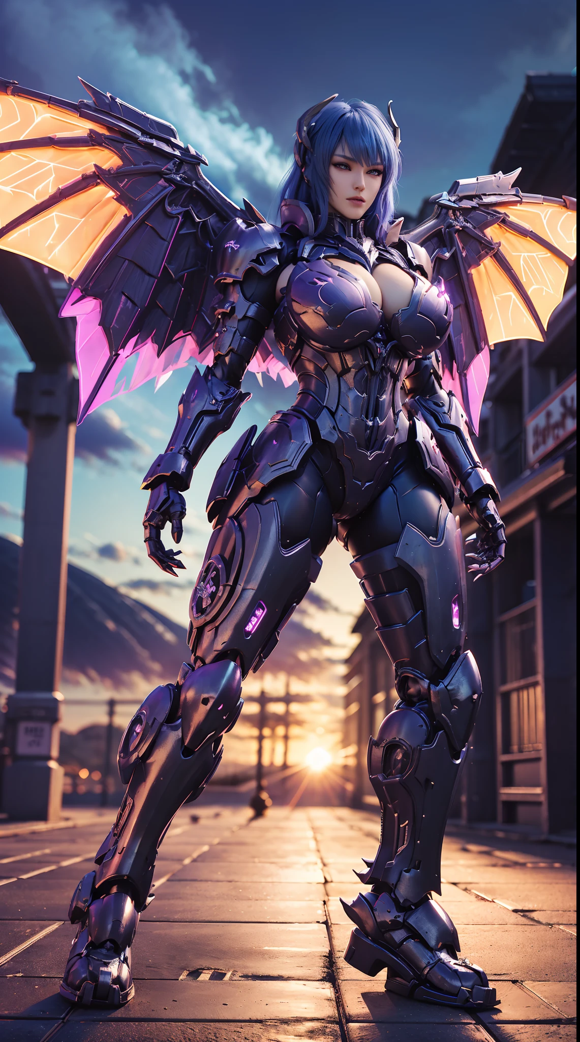 (DRAGON HEAD), HUGE FAKE BOOBS, (BEAUTIFUL FACE), (BLUE HAIR), (PURPLE:1.2, BLACK:0.8, RGB:1), (MECHA ARMORED GEAR), (((A PAIR OF HUGE MECHANICAL WINGS SPREAD OUT))), FUTURISTIC DRAGON MECHA SUIT, (CLEAVAGE), (SKINTIGHT YOGA PANTS), (PERFECT BODY:1.2), (FULL BODY VIEW), FRONT, (STANDING:1), SEXY MUSCULAR BODY, MUSCLE ABS, UHD, 8K, 1080P.