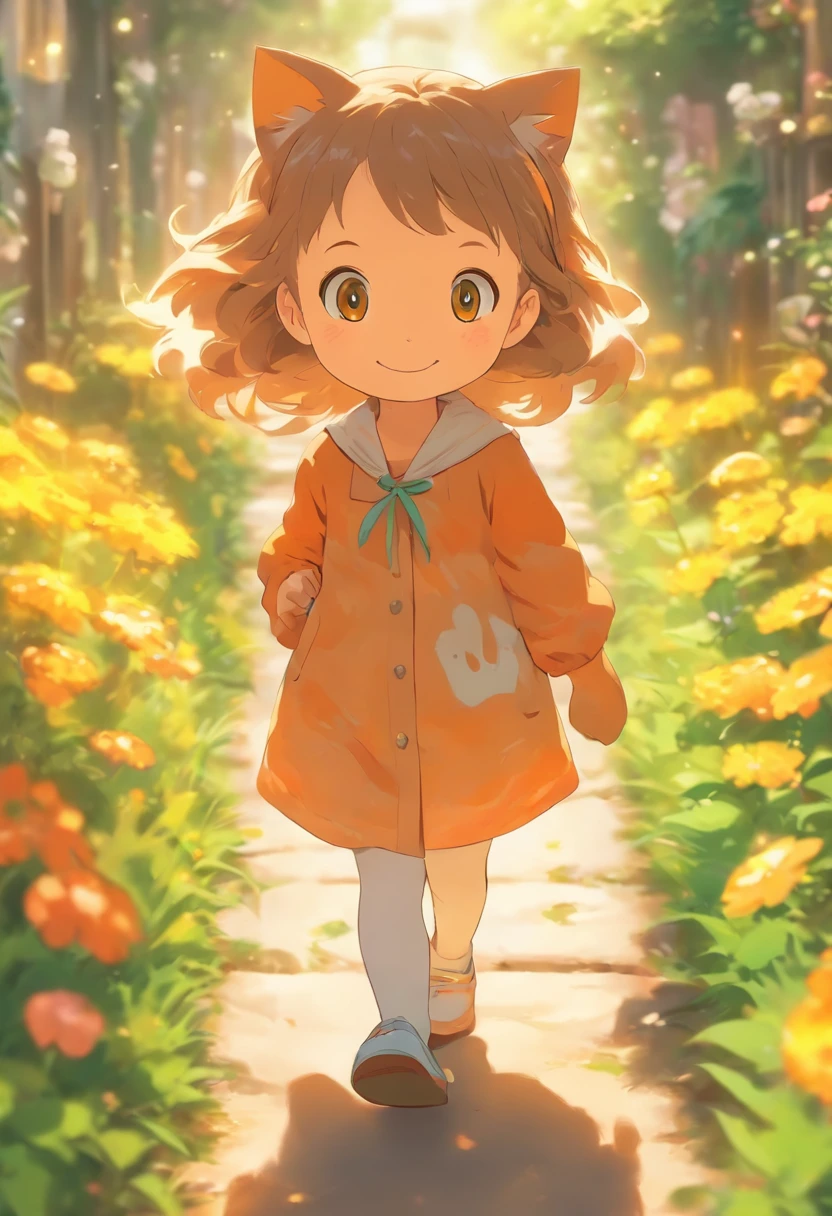 5--old l facing the camera,ssmile, Walk on the garden path, A round-eyed cat followed.