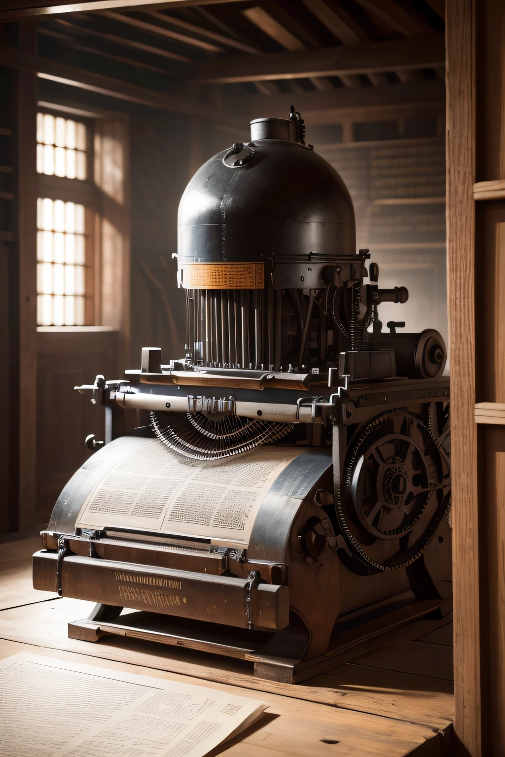 Photograph portrait of industrial typewriter of newspapers in series, antiguas, 1500s printing press. primer invento de escritura a nivel mundial
