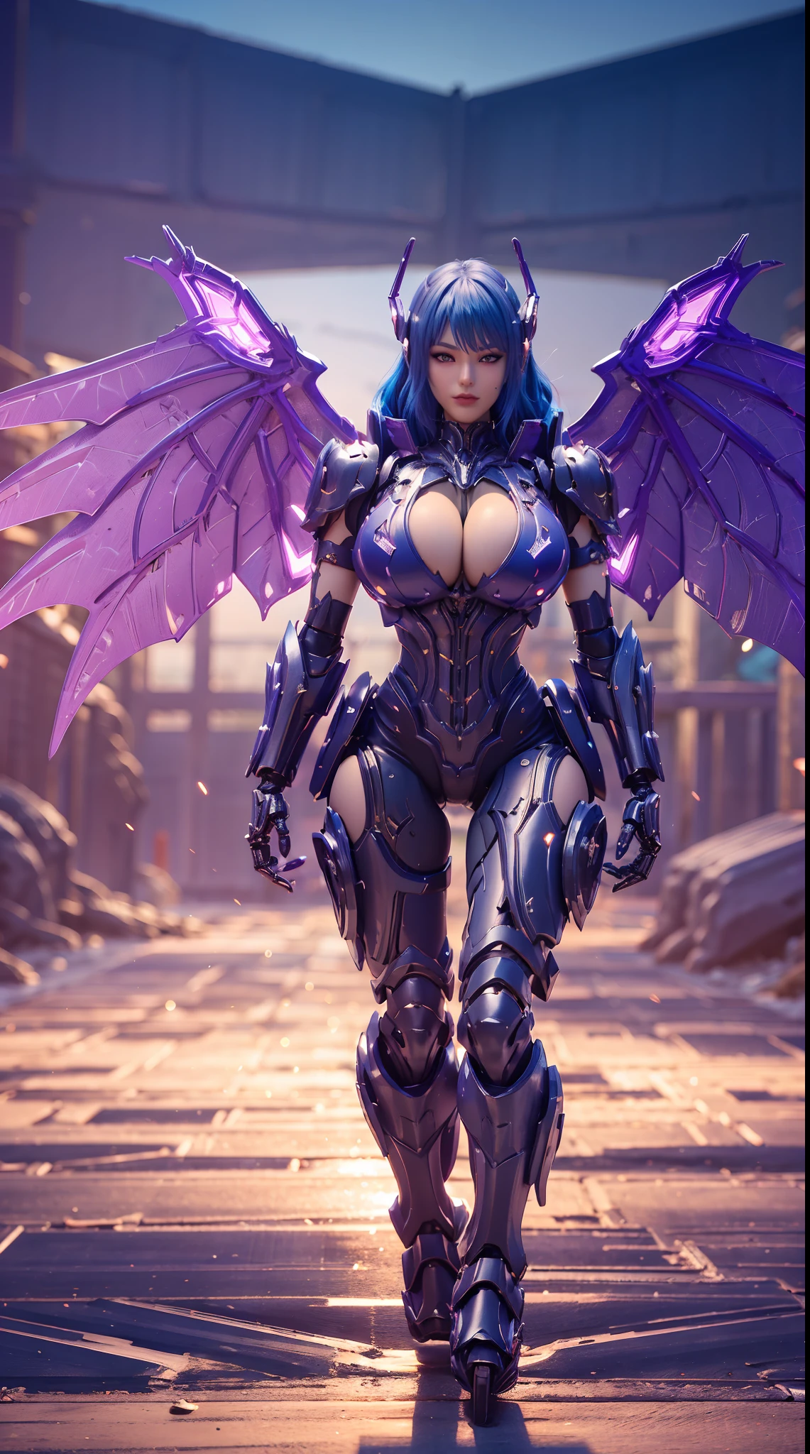 (DRAGON HEAD), HUGE FAKE BOOBS, (BEAUTIFUL FACE), (BLUE HAIR), (PURPLE:1.2, BLACK:0.8, RGB:1), (MECHA ARMORED GEAR), (((A PAIR OF HUGE MECHANICAL WINGS SPREAD OUT))), FUTURISTIC DRAGON MECHA SUIT, (CLEAVAGE), (SKINTIGHT YOGA PANTS), (PERFECT BODY:1.2), (FULL BODY VIEW), FRONT, (STANDING:1), SEXY MUSCULAR BODY, MUSCLE ABS, UHD, 8K, 1080P.