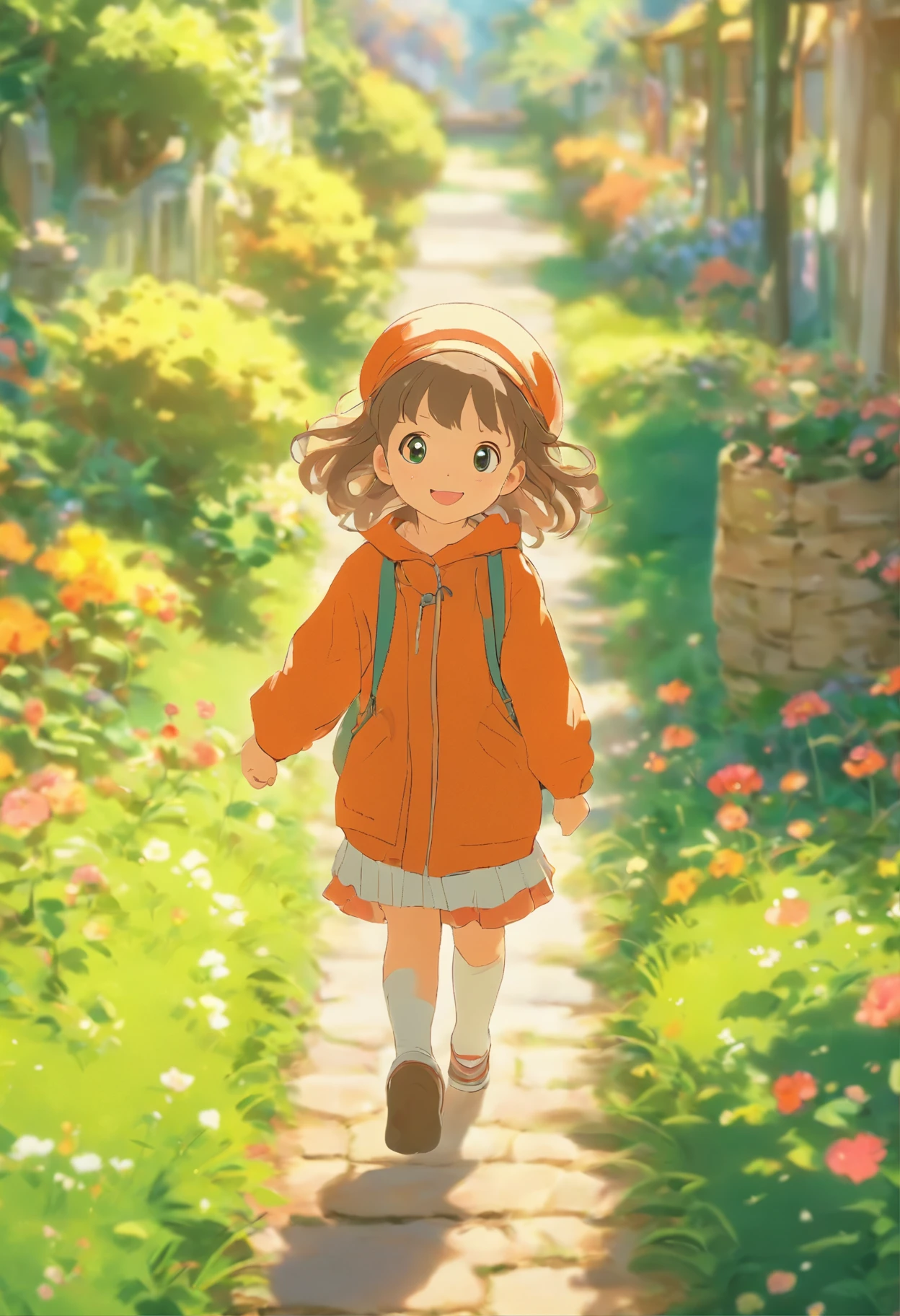 5--old l walking on the garden path, A round-eyed cat followed.
