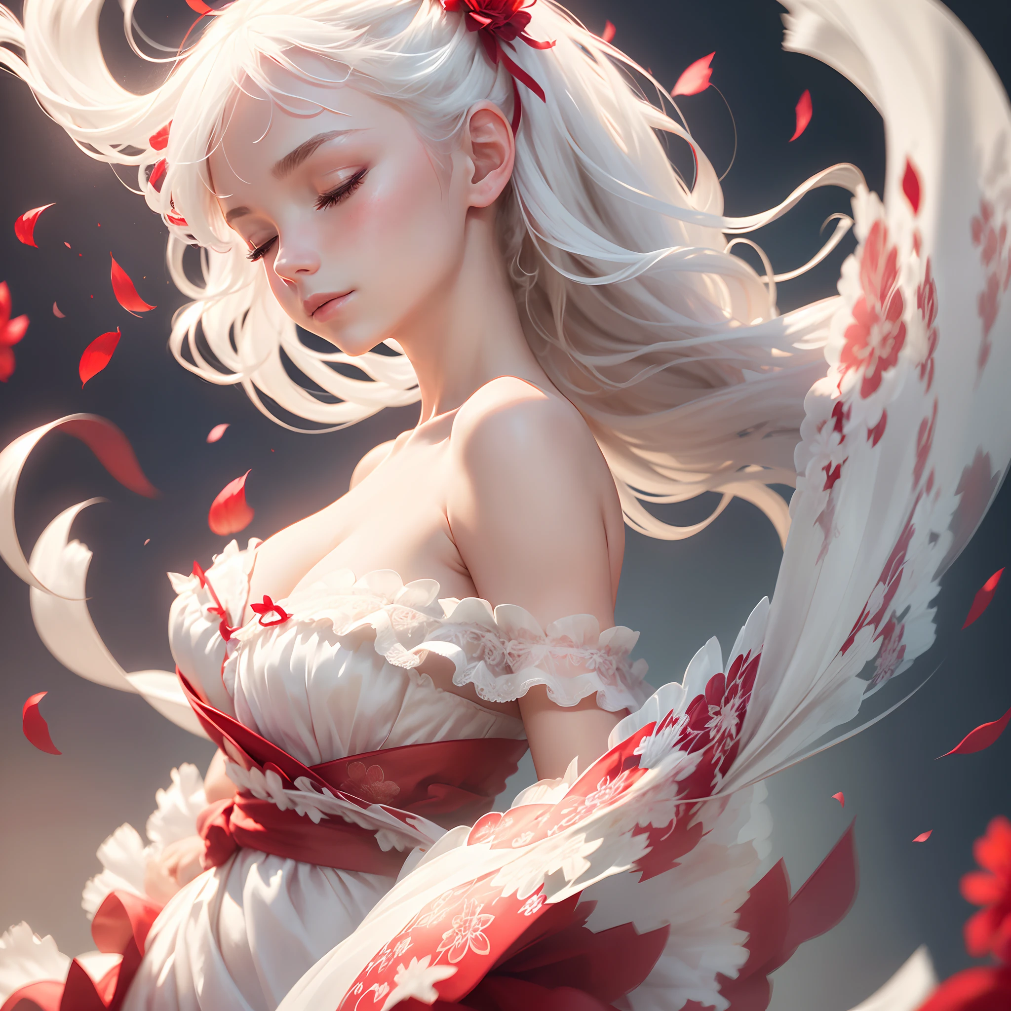 ((solo)), ((close-up side profile)) of a girl with eyes closed, ((head tilted up)), white hair that is tied up, (faint smile), flowing hair, burning flower on hair, (lots of floating petals and flowers, motion blur), (frilly white silk strapless dress with lace and (red ribbons)), flowing cloth, (((red background)))