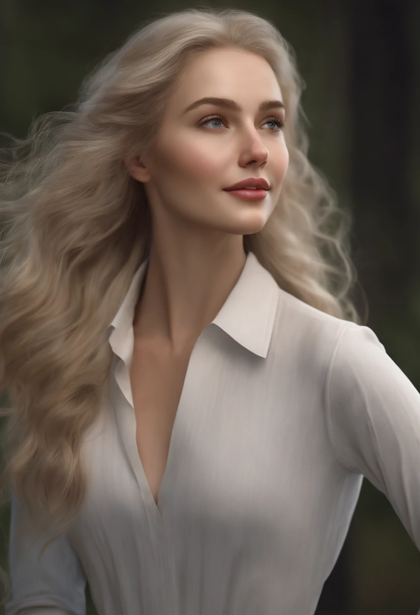 female face, , russian, 30 years, pale skin and freckles, gray eyes, delicate nose, Soft and delicate lips, Blondie Gray Hair, pony tail, ultra-realistic photorealistic HD captivating smile